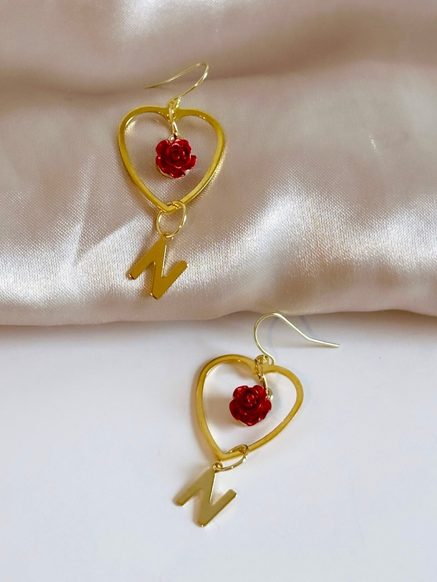 Heart Dangle Earrings, Red Rose Earrings, Gold Initial Earrings, Heart Drop Earrings, Custom Letter Earrings, Rose Dangle Earrings, Mom Gift