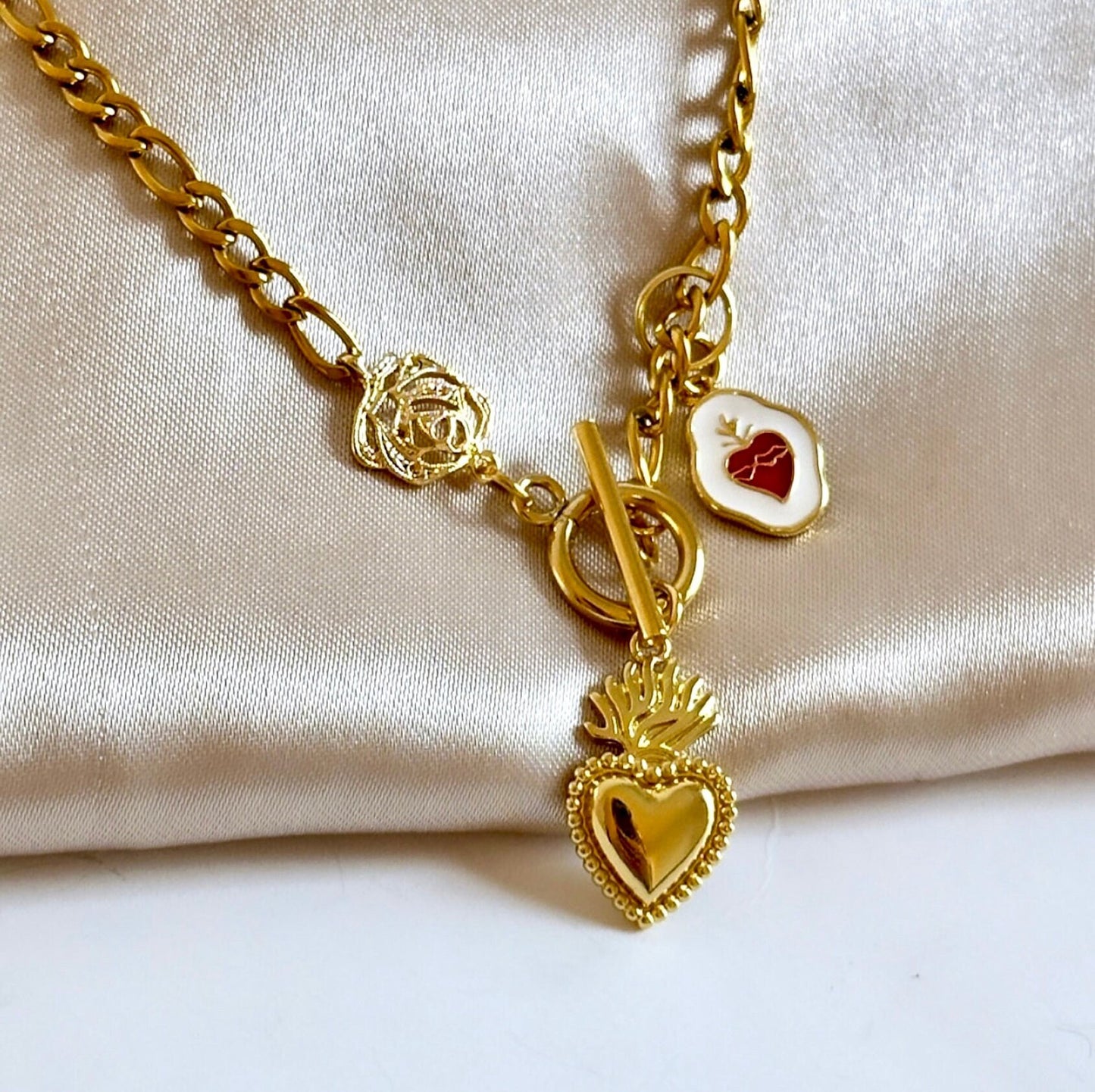 Gold Sacred Heart Necklace, Red Sacred Heart Necklace, Enamel Sacred Heart Necklace, Sacred Heart Pendant Gold, Tiny Heart Charm Necklace