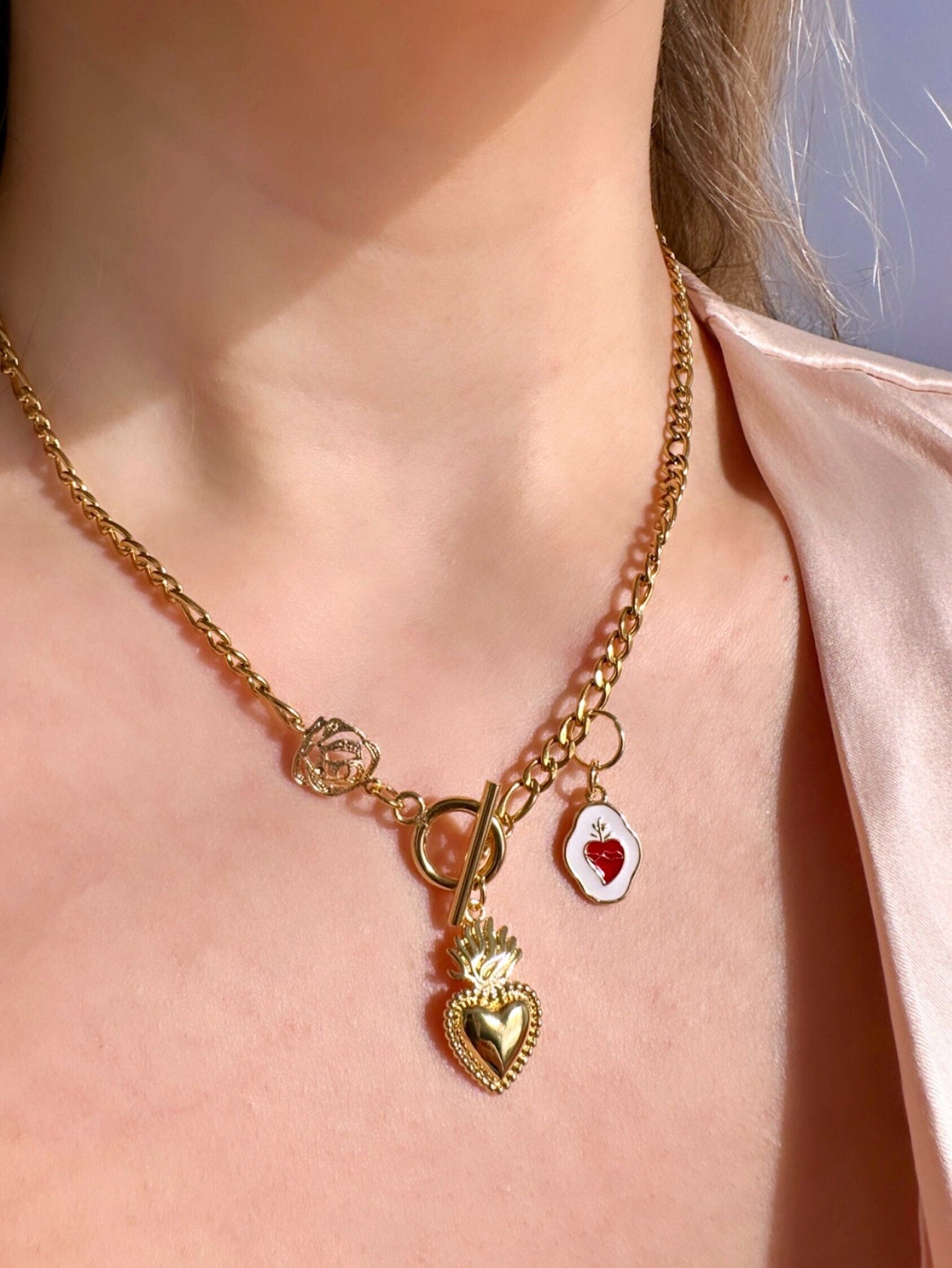 Gold Sacred Heart Necklace, Red Sacred Heart Necklace, Enamel Sacred Heart Necklace, Sacred Heart Pendant Gold, Tiny Heart Charm Necklace