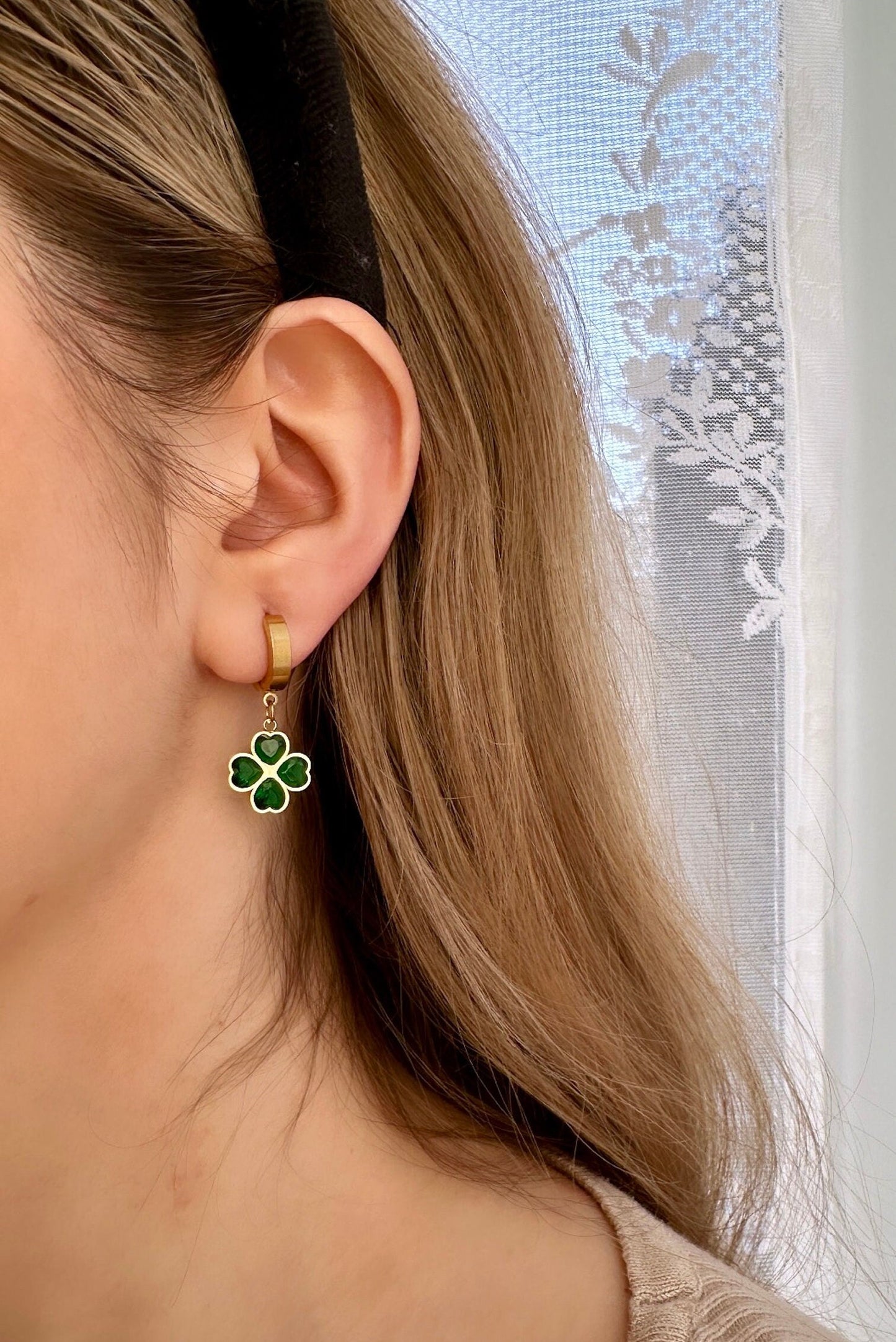 Shamrock Hoop Earrings, St Patrick's Day Hoop Earrings, Gold Shamrock Earrings, 4 Leaf Clover Earrings, Green Shamrock Earrings, Non Tarnish