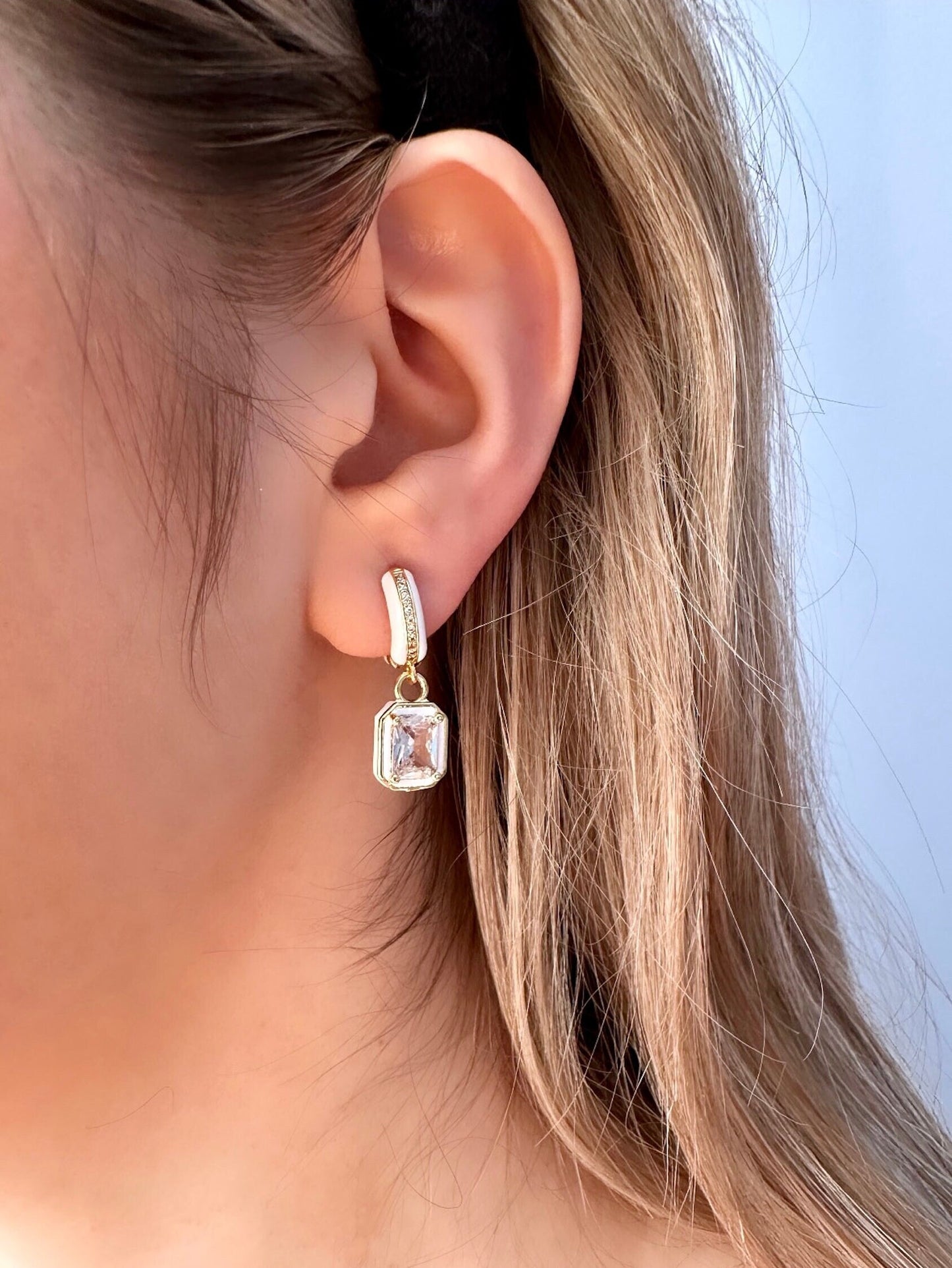 White Enamel Earrings, White Hoop Earrings, Cz Drop Earrings, White Statement Earrings, Cz Dangle Earring, Elegant Earrings, Everyday Hoops