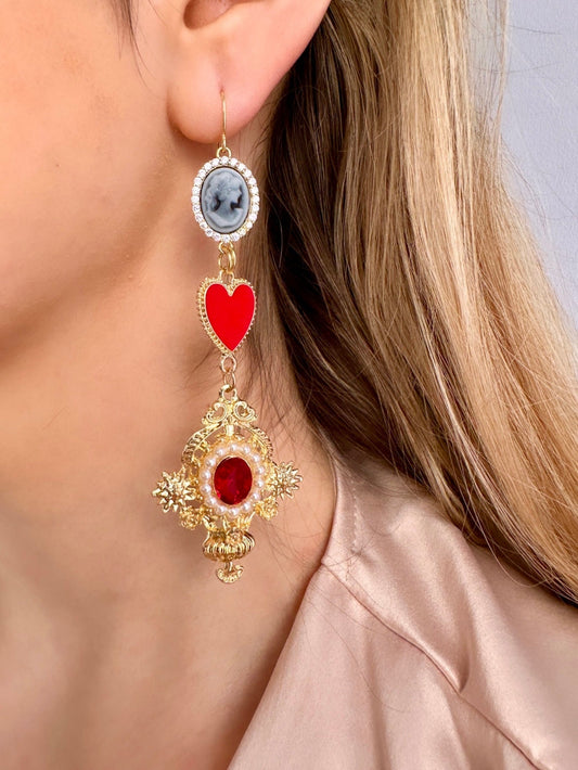 Queen Of Hearts Earrings, Victorian Cameo Earrings, Drop Statement Earrings, Gold Cameo Earrings, Antique Cameo Earrings, Long Gold Earrings