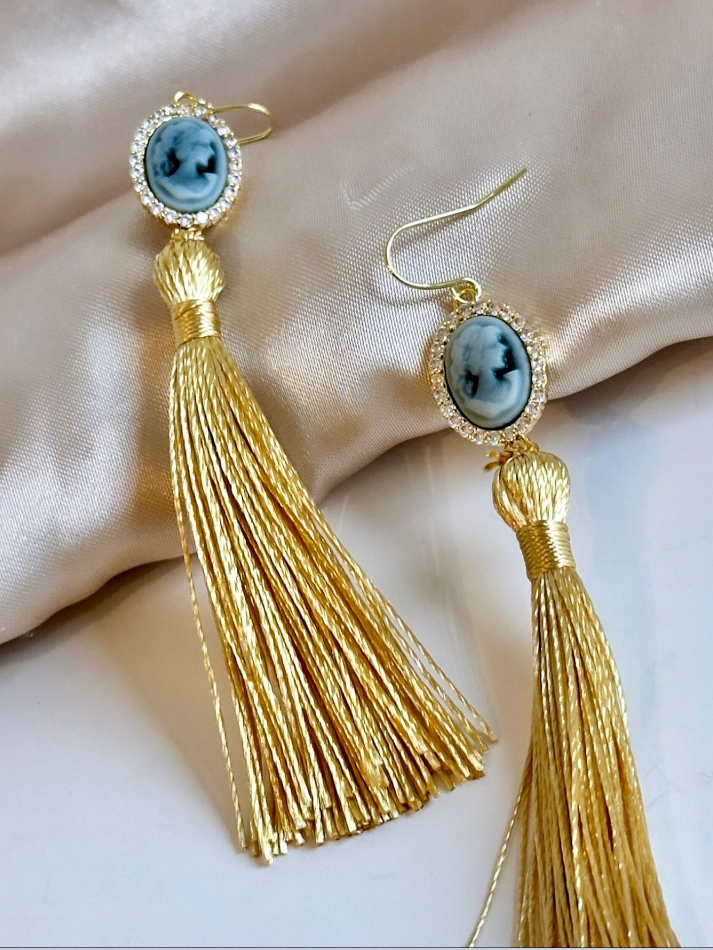 Gold Tassel Earrings, Gold Cameo Earrings, Victorian Cameo Earrings, Silk Tassel Earrings, Cameo Earrings Antique, Long Antique Earrings