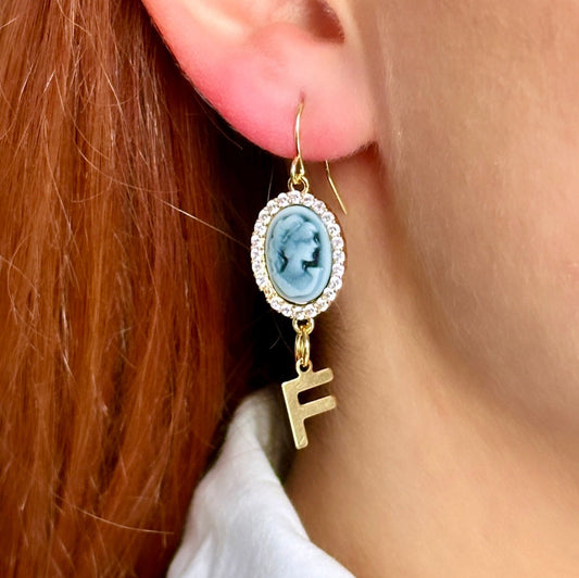 Blue Cameo Earrings, Personalized Letter Earrings, Victorian Cameo Earrings, Custom Initial Earrings, Antique Cameo Earrings, Vintage Gifts