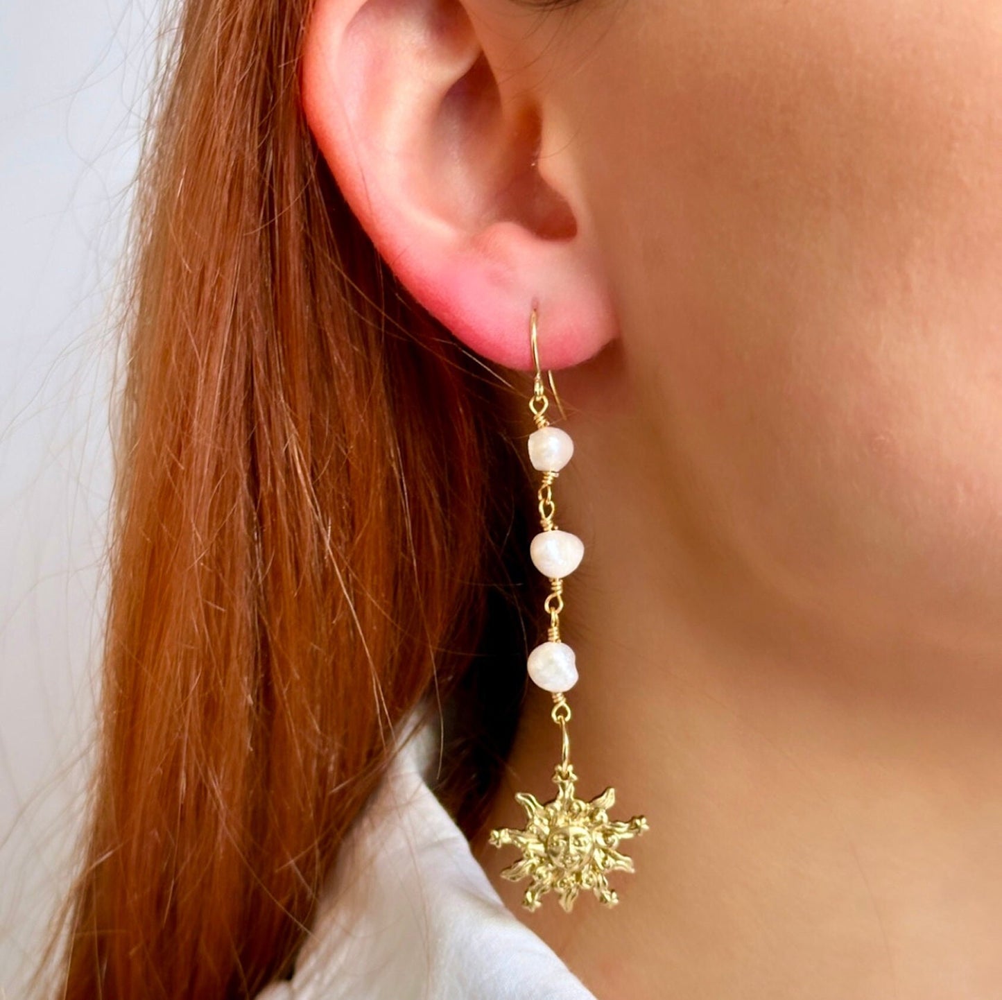 Pearl Sun Earrings, Gold Sun Earrings, Sun Face Earrings, Freshwater Pearl Earrings 14K Gold, Celestial Earrings, Real Pearl Earrings Drop