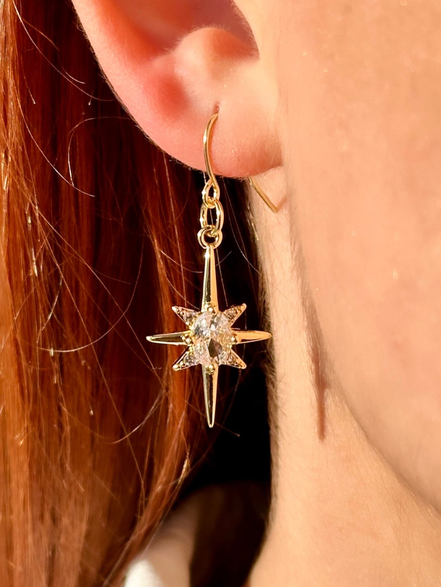 North Star Earrings Gold, 14K Gold Star Earrings, CZ Star Earrings, Celestial Earrings Dangle, North Star Jewelry, Gold Filled Drop Earrings