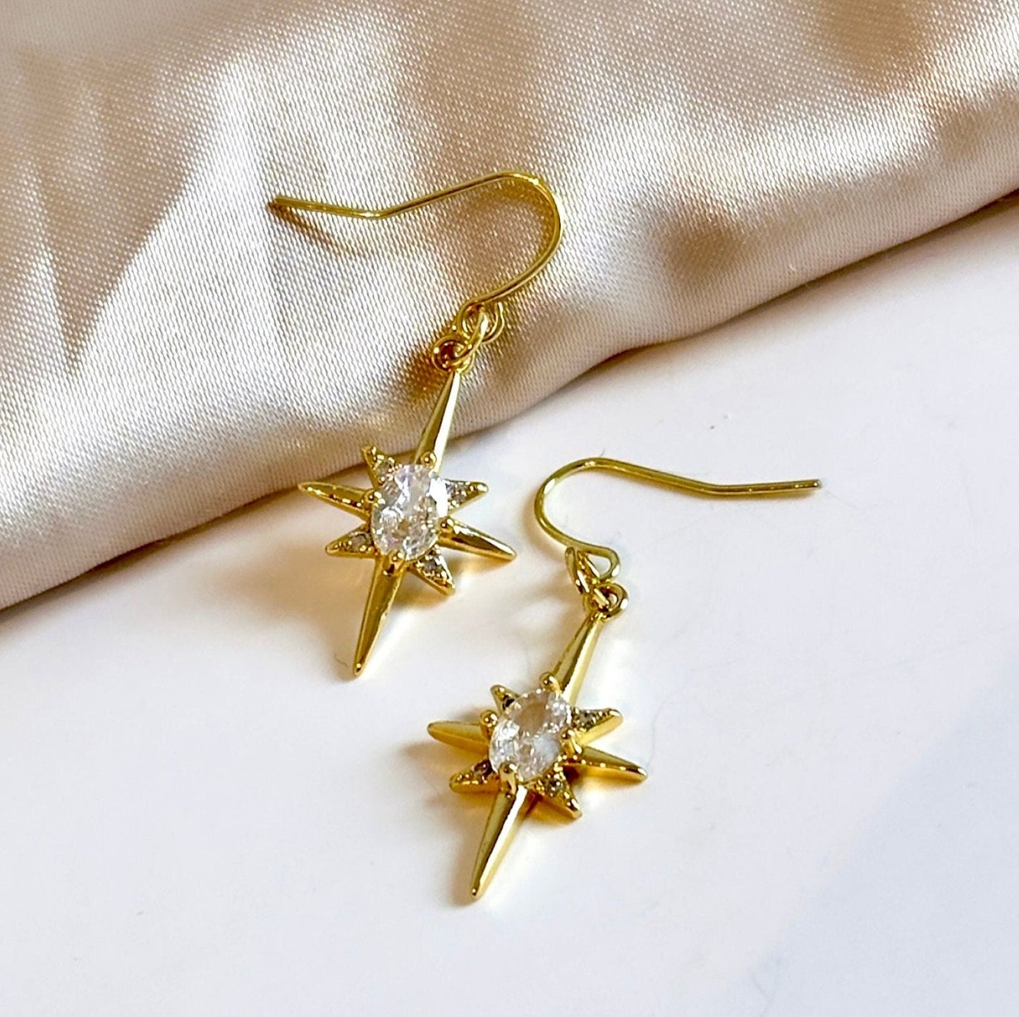 North Star Earrings Gold, 14K Gold Star Earrings, CZ Star Earrings, Celestial Earrings Dangle, North Star Jewelry, Gold Filled Drop Earrings