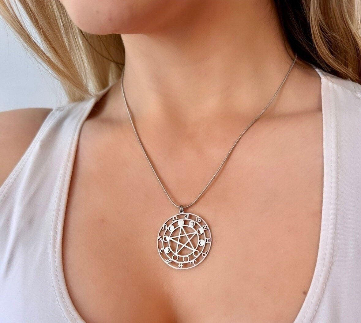 Silver Moon Phase Necklace, Zodiac Signs Necklace, Silver Pentagram Pendant, Astrology Necklace, Witchy Necklace, Silver Moon Necklace