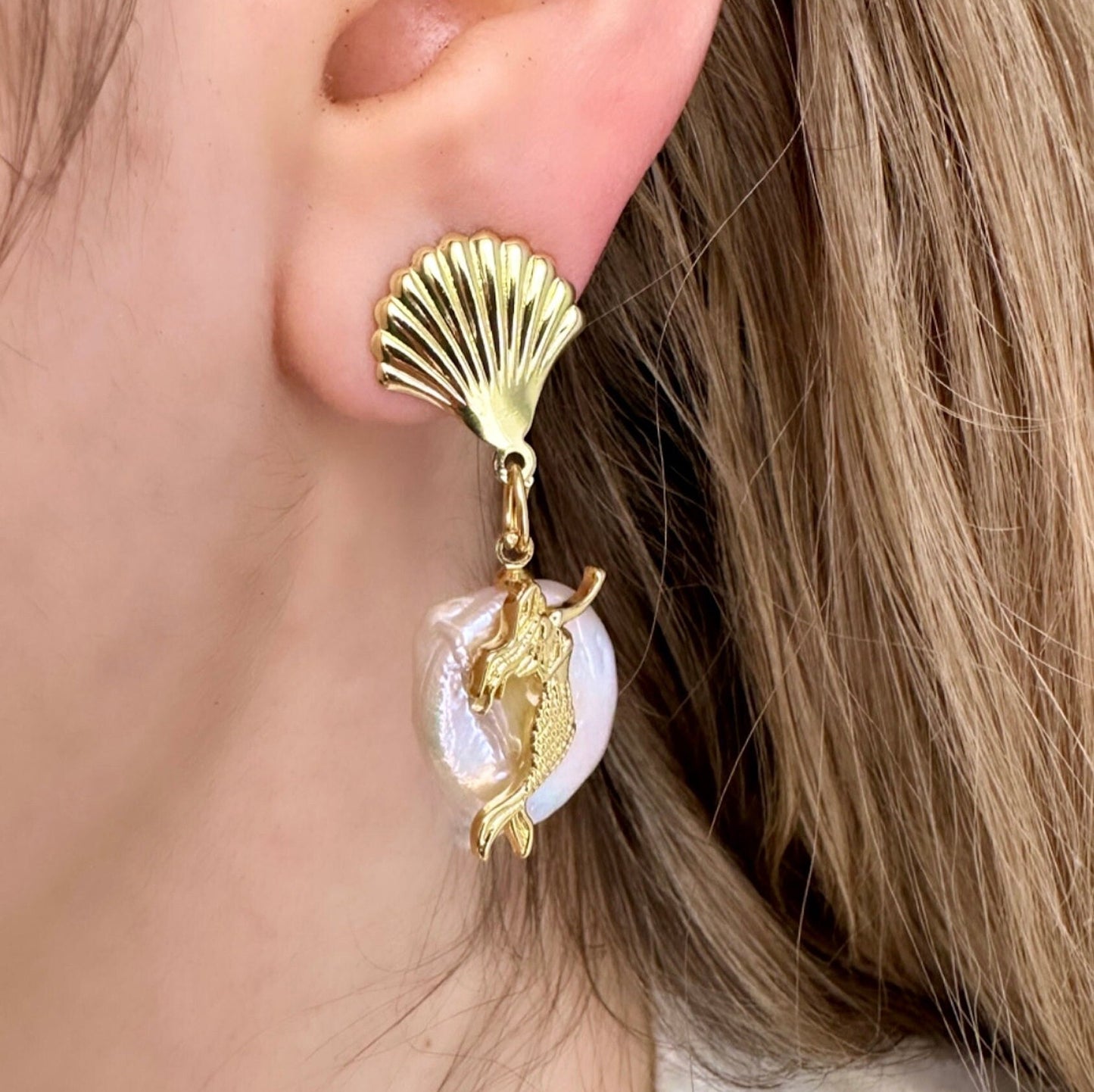 Gold Mermaid Earrings, Pearl Shell Earrings, Baroque Pearl Earrings Gold Teardrop Jewelry, Real Pearl Earrings In 14K Gold, Ocean Earrings