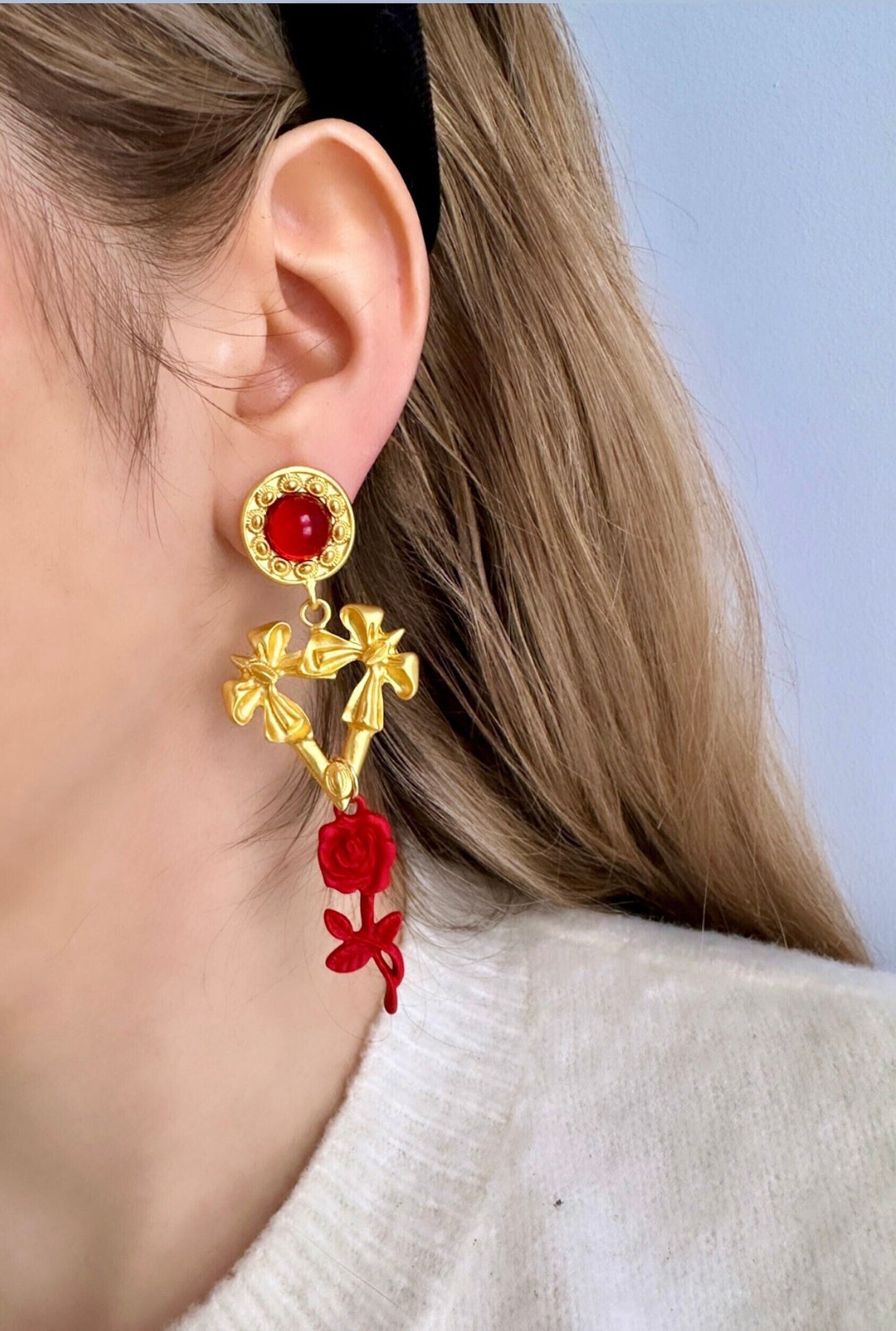 Red Rose Earrings, Gold Art Nouveau Earrings, Gold Bow Earrings, Red Gold Earrings, Red Rose Jewelry Bowknot Earrings Vintage Style Earrings