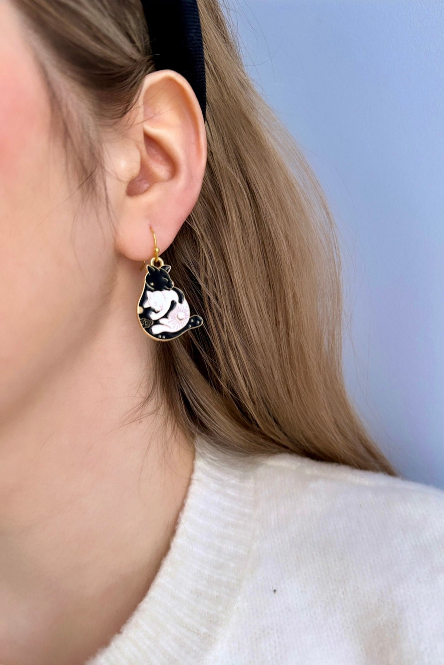 Black Cat Earrings, Cat Dangle Earrings, White Cat Earrings, Black And White Cat, Ying Yang Earrings, Cat Couple Gifts, Cat Jewelry