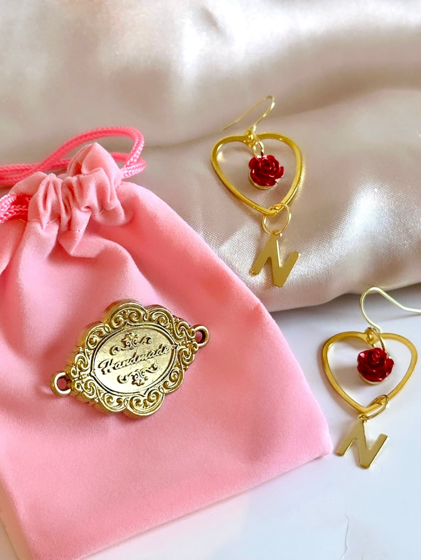 Heart Dangle Earrings, Red Rose Earrings, Gold Initial Earrings, Heart Drop Earrings, Custom Letter Earrings, Rose Dangle Earrings, Mom Gift