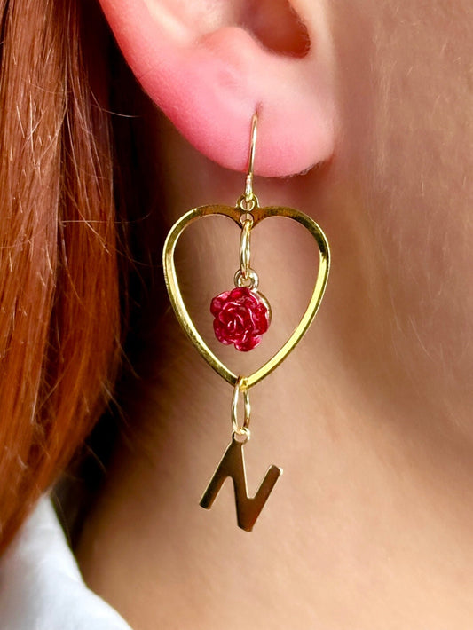 Heart Dangle Earrings, Red Rose Earrings, Gold Initial Earrings, Heart Drop Earrings, Custom Letter Earrings, Rose Dangle Earrings, Mom Gift