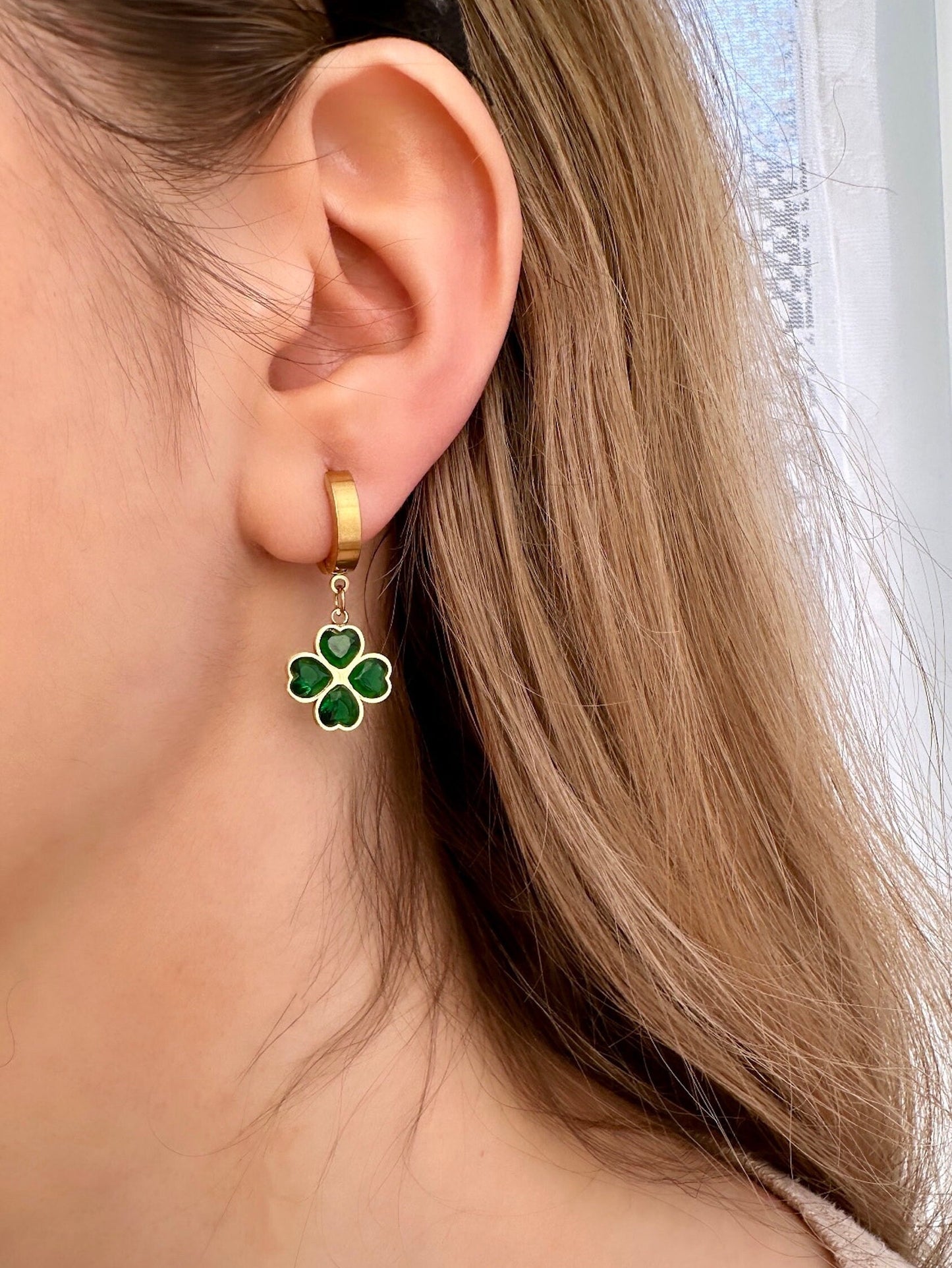 Shamrock Hoop Earrings, St Patrick's Day Hoop Earrings, Gold Shamrock Earrings, 4 Leaf Clover Earrings, Green Shamrock Earrings, Non Tarnish