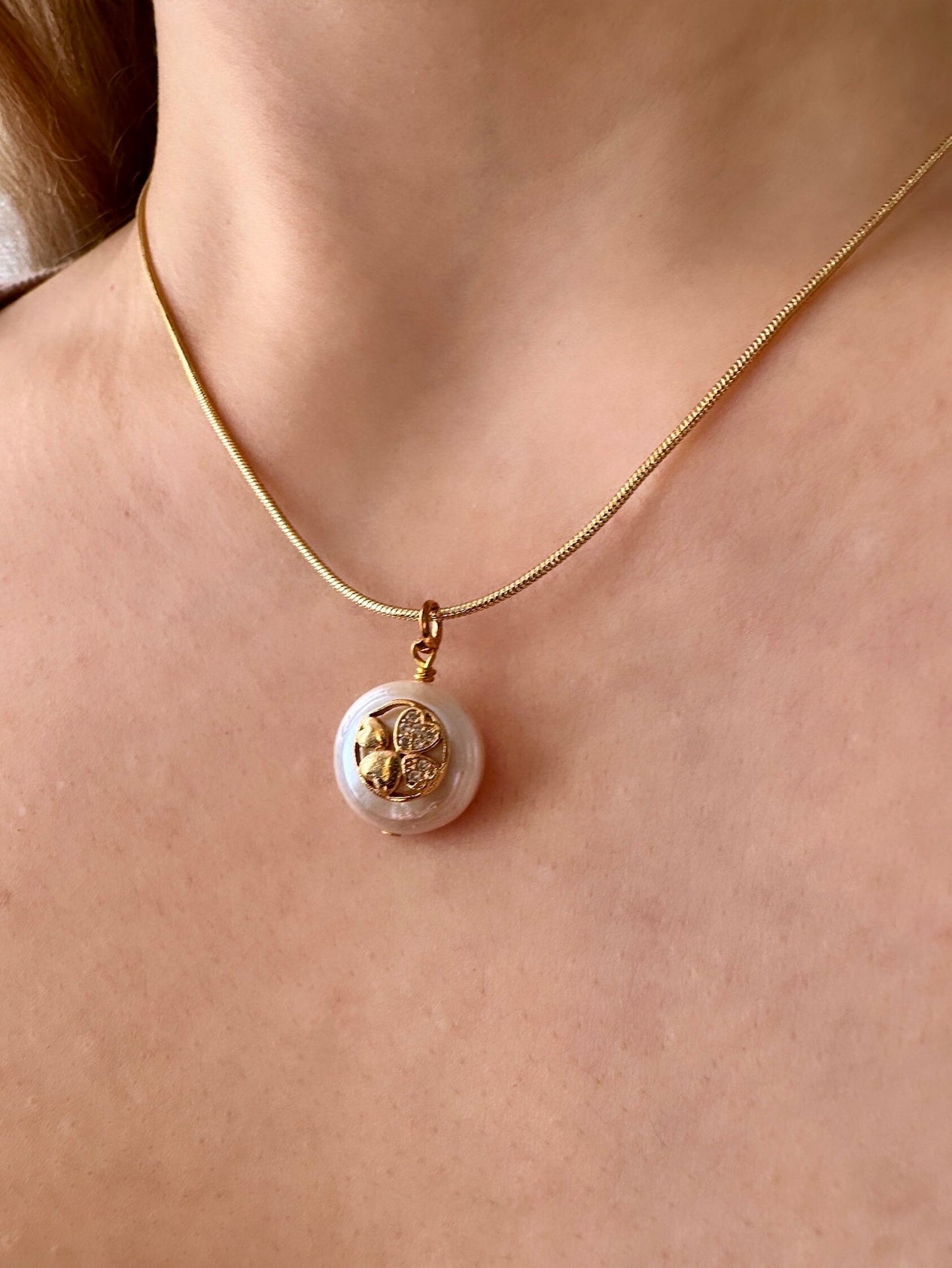 Pearl Clover Necklace, 18K Clover Necklace, Gold Filled Pearl Necklace, Gold Shamrock Necklace, Freshwater Pearl Drop Necklace, Mother's Day