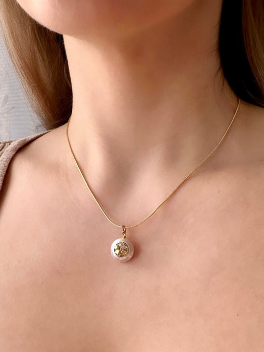 Pearl Clover Necklace, 18K Clover Necklace, Gold Filled Pearl Necklace, Gold Shamrock Necklace, Freshwater Pearl Drop Necklace, Mother's Day