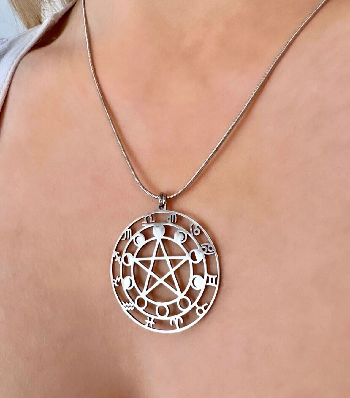 Silver Moon Phase Necklace, Zodiac Signs Necklace, Silver Pentagram Pendant, Astrology Necklace, Witchy Necklace, Silver Moon Necklace