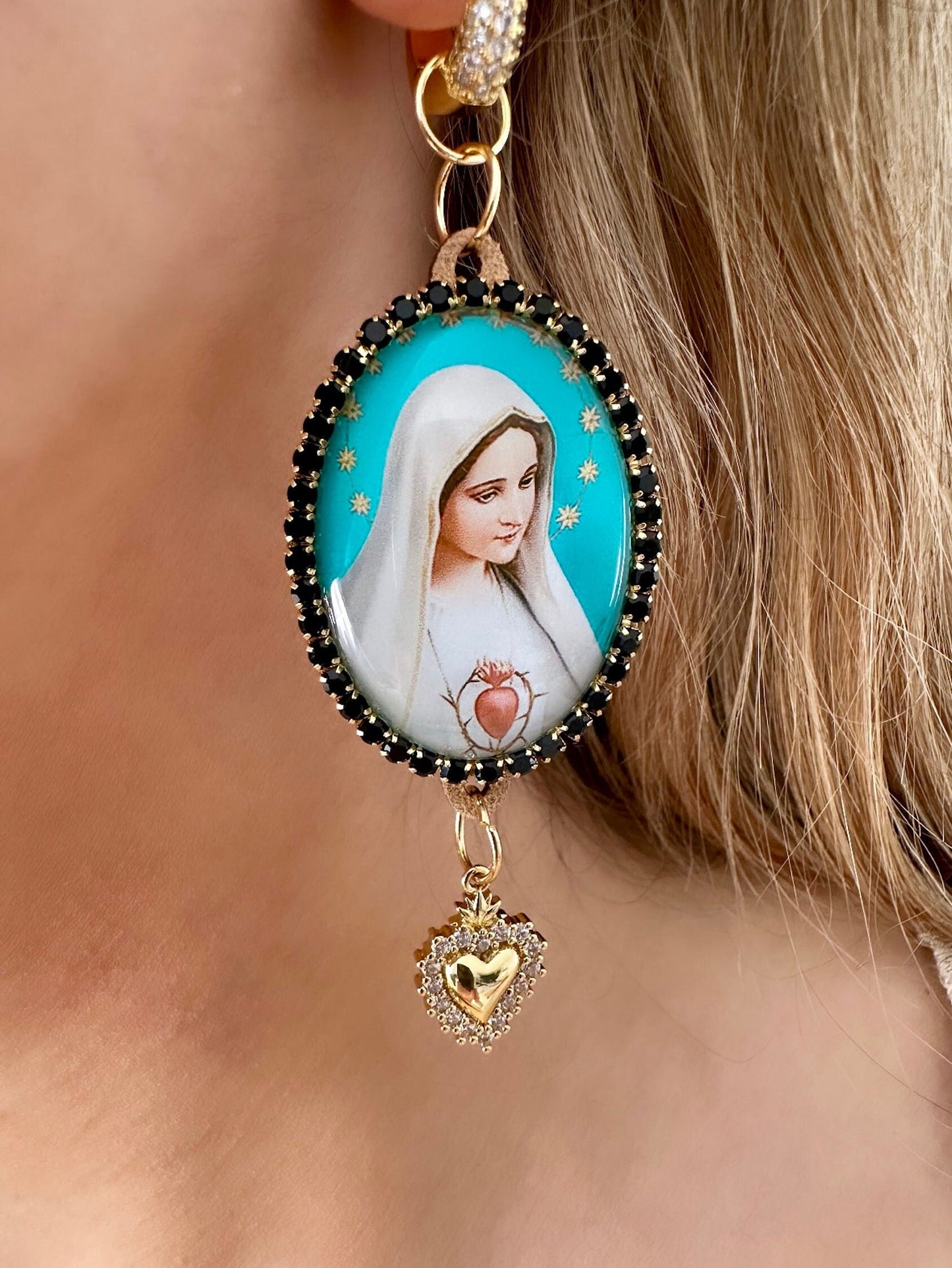 Virgin Mary Earrings, Sacred Heart Of Jesus Earrings, Our Lady Of Guadalupe Earrings, Gold Scared Heart Earring, Gold Filled Dangle Earrings