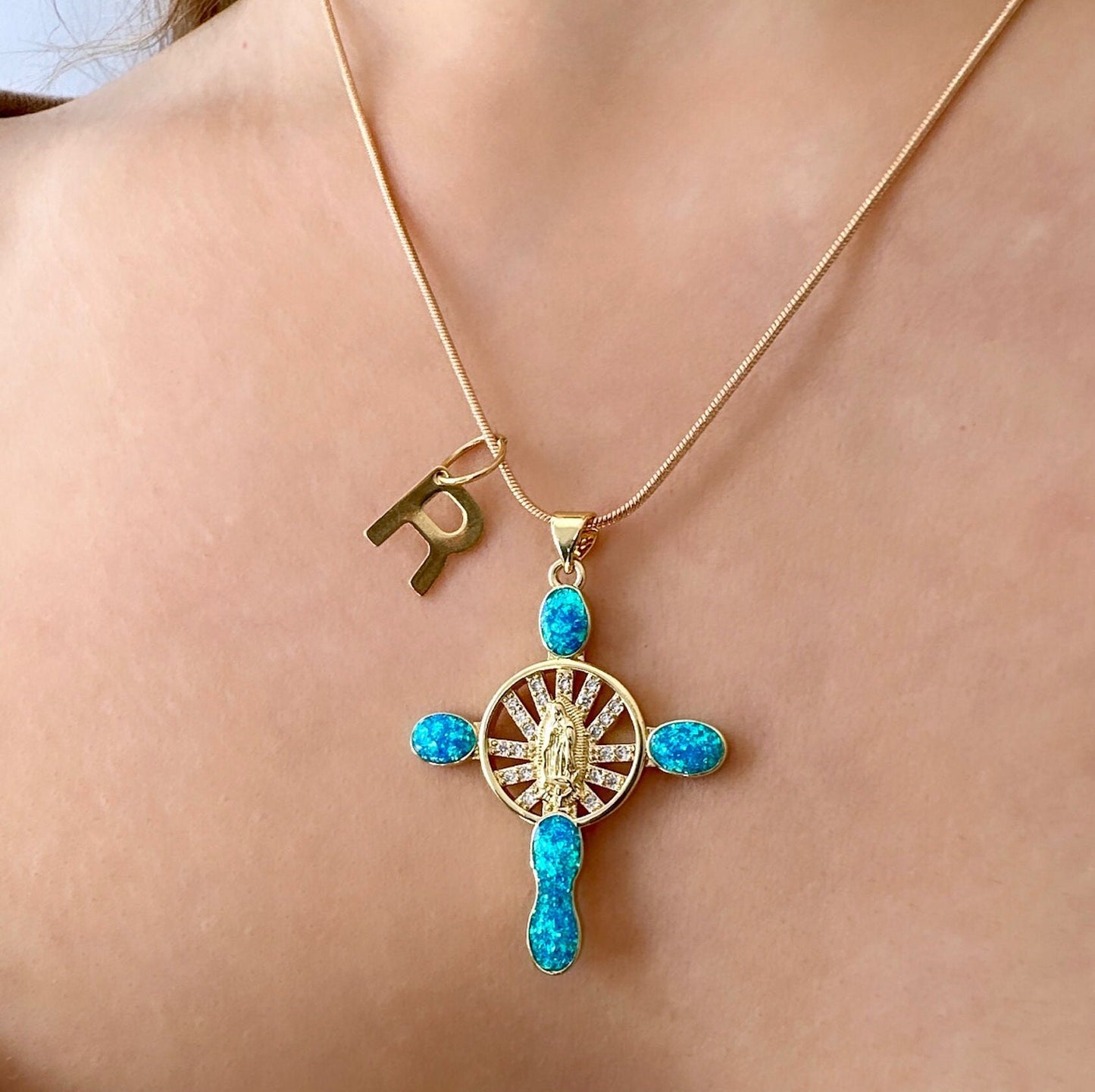 Opal Cross Necklace, Gold Filled Cross Necklace, Virgin Mary Necklace Gold, Catholic Necklace For Women, 18K Gold Pendant Necklace