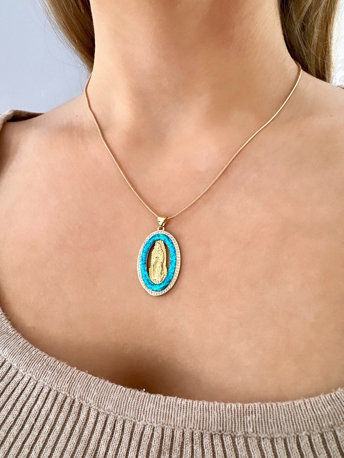 Gold Virgin Mary Necklace, Opal Pendant Gold, Gold Filled Medallion Necklace, Opal Pendant Necklace, 18K Gold Filled Necklace, Easter Gift