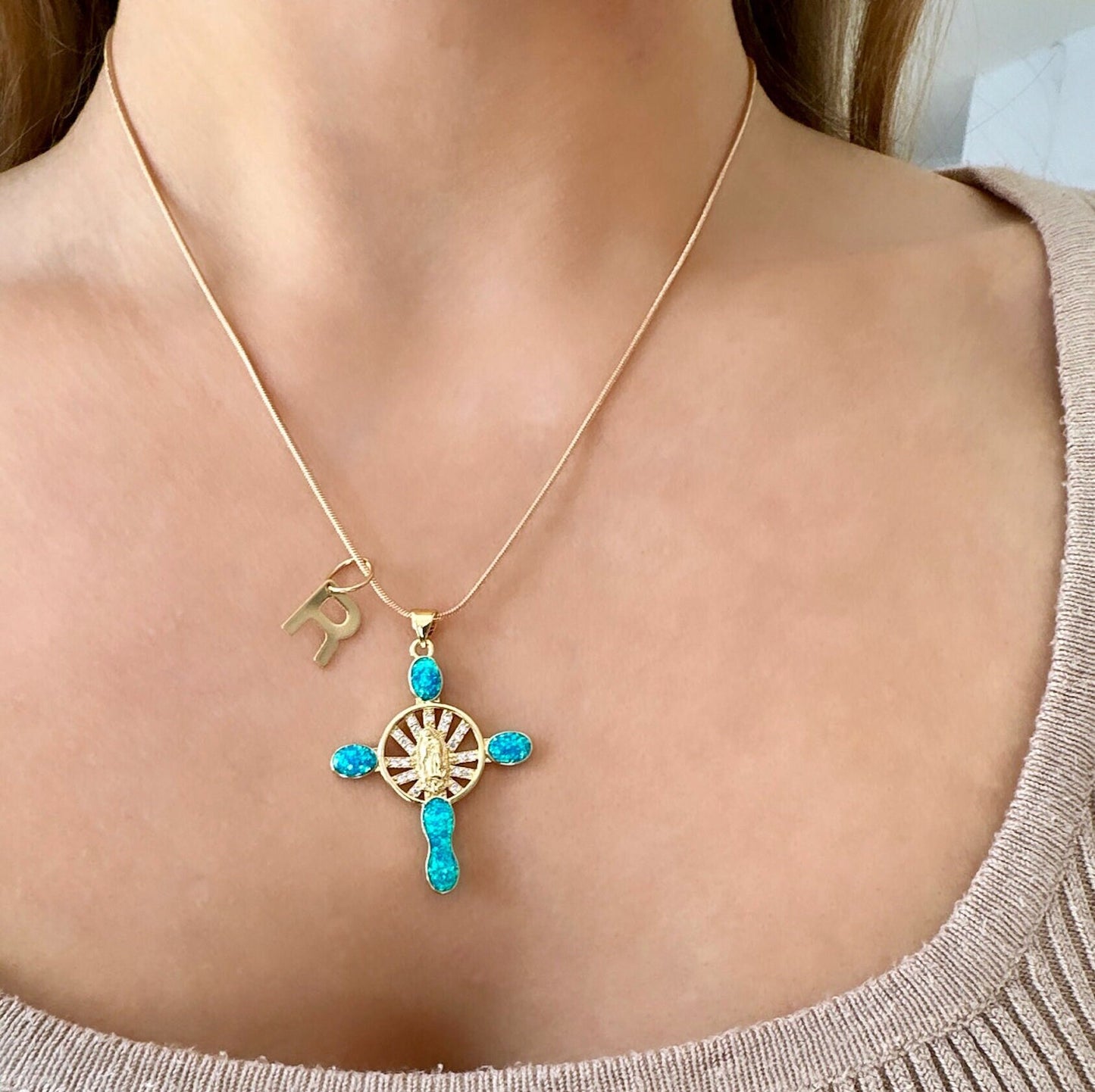 Opal Cross Necklace, Personalized Cross Necklace, 18K Gold Cross Necklace, Gold Opal Necklace, Custom Cross Pendant, Baptism Cross Necklace