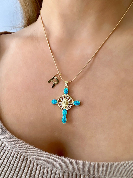 Opal Cross Necklace, Personalized Cross Necklace, 18K Gold Cross Necklace, Gold Opal Necklace, Custom Cross Pendant, Baptism Cross Necklace