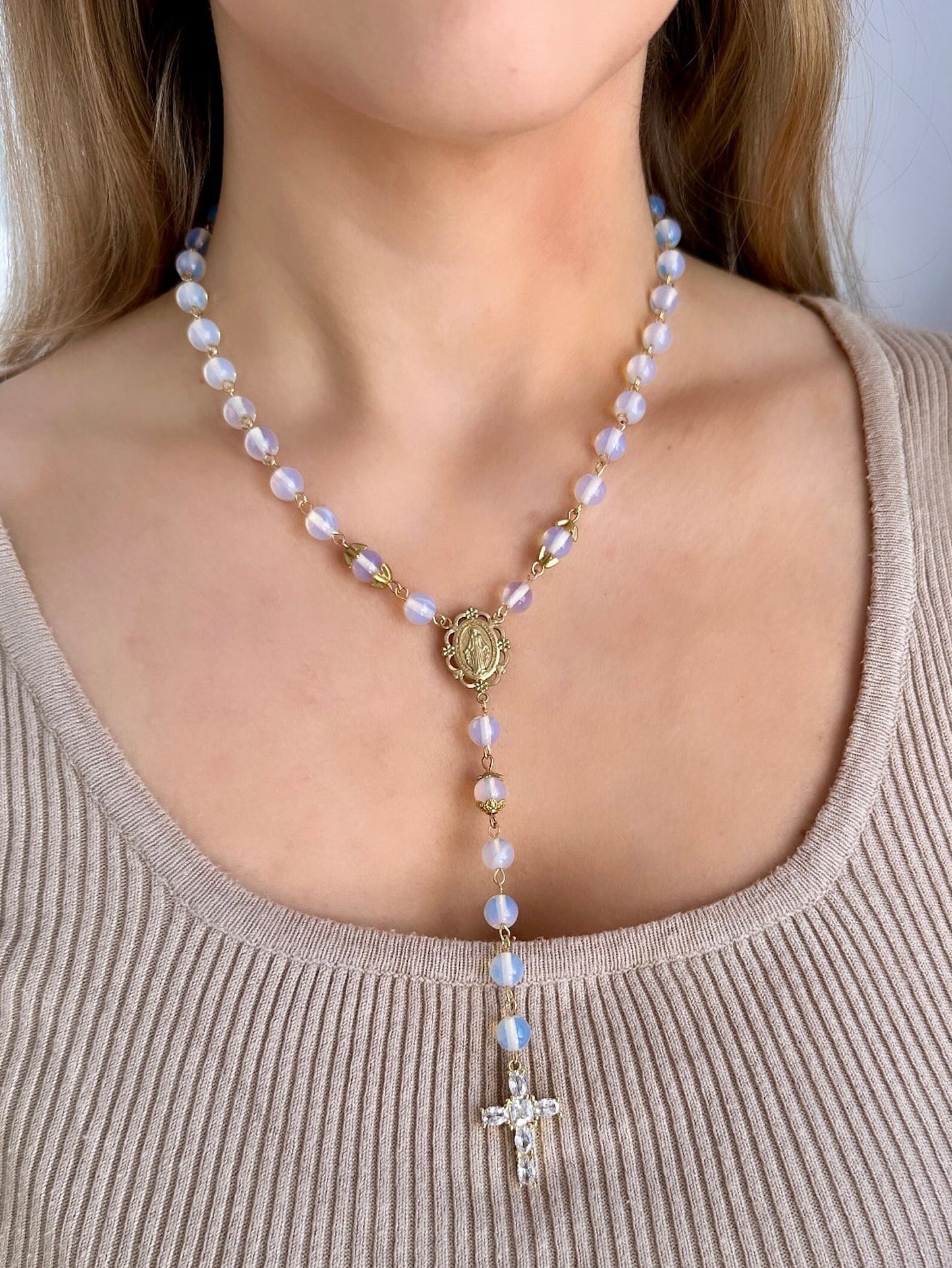 Moonstone Rosary, Moonstone Cross, Opalite Necklace, Moonstone Bead Necklace, Opal Bead Necklace, Cz Cross Necklace, Long Cross Necklace