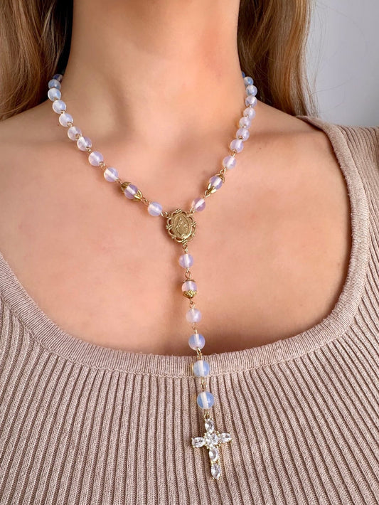 Moonstone Rosary, Moonstone Cross, Opalite Necklace, Moonstone Bead Necklace, Opal Bead Necklace, Cz Cross Necklace, Long Cross Necklace