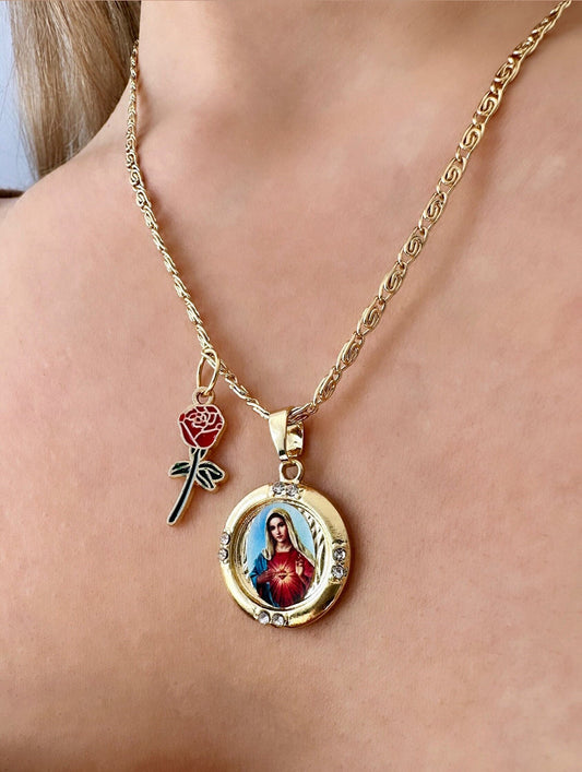 Virgin Mary Medallion, Gold Virgin Mary Necklace, Virgin Mary Portrait, Red Rose Necklace, Virgin Mary Medal, Mother's Day Necklace Mom Gift