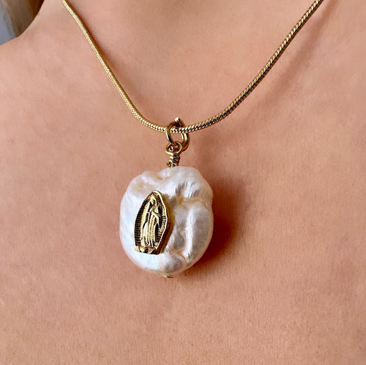 Catholic Pearl Necklace, Pearl Virgin Mary, Freshwater Pearl Drop Necklace, Gold Virgin Mary Necklace, Real Pearl Necklace Mother's Day Gift