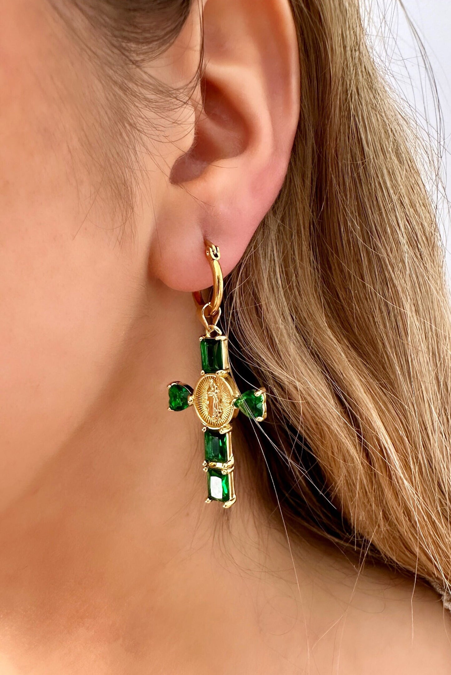 Cross Hoop Earrings, Emerald Cross, Gold Filled Cross Earrings, Large Cross Earrings, Gemstone Cross Earrings, Renaissance Earrings, May