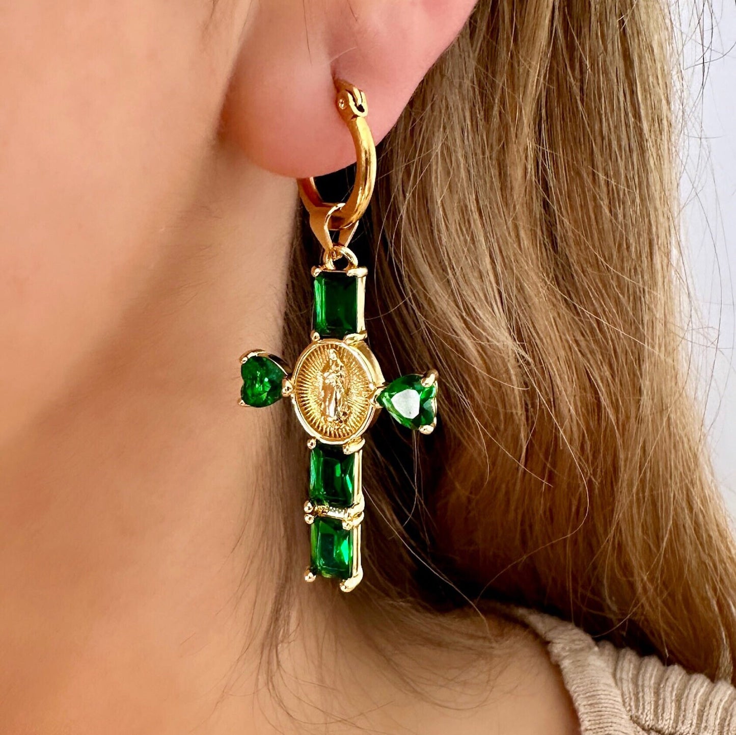 Cross Hoop Earrings, Emerald Cross, Gold Filled Cross Earrings, Large Cross Earrings, Gemstone Cross Earrings, Renaissance Earrings, May