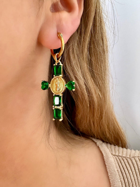 Cross Hoop Earrings, Emerald Cross, Gold Filled Cross Earrings, Large Cross Earrings, Gemstone Cross Earrings, Renaissance Earrings, May