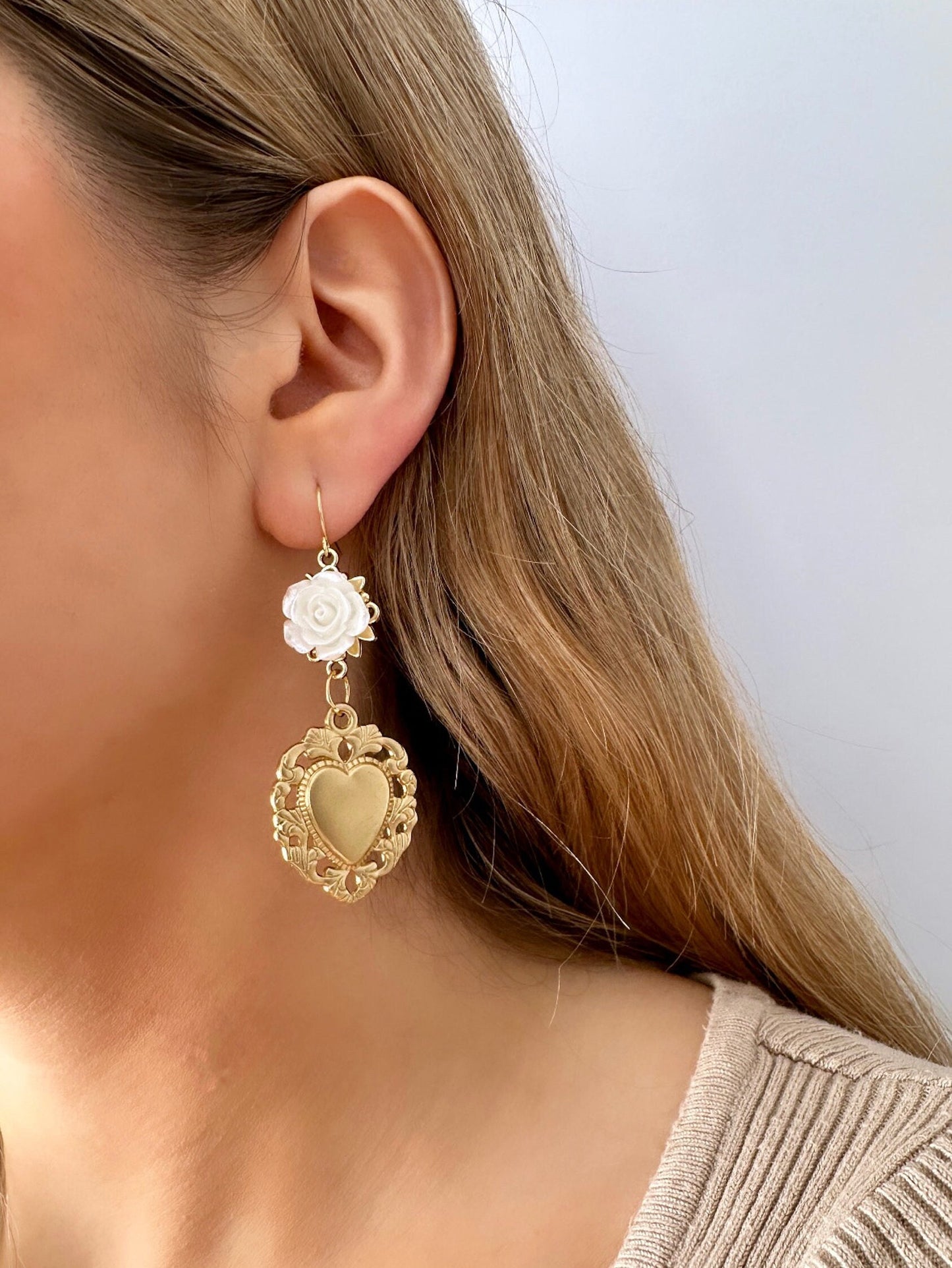 Milagro Earrings, White Rose Earrings, Gold Sacred Heart Earrings, Sacred Heart Dangle Earrings, Sacred Heart Of Jesus Earrings