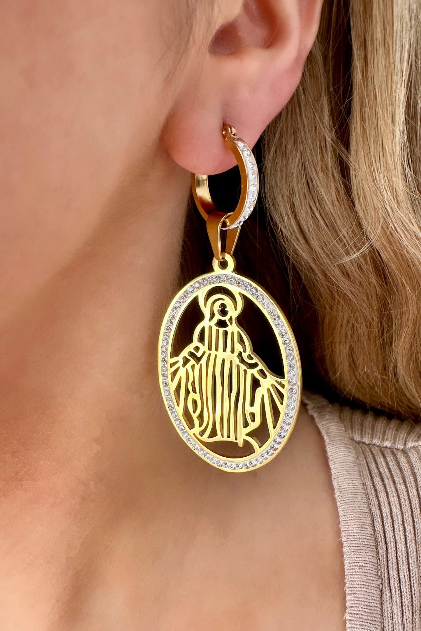 Christmas Hoop Earrings, Virgin Mary Earrings, Our Lady Of Guadalupe Earrings, Interchangeable Hoop Earrings, Statement Gold Hoop Earrings