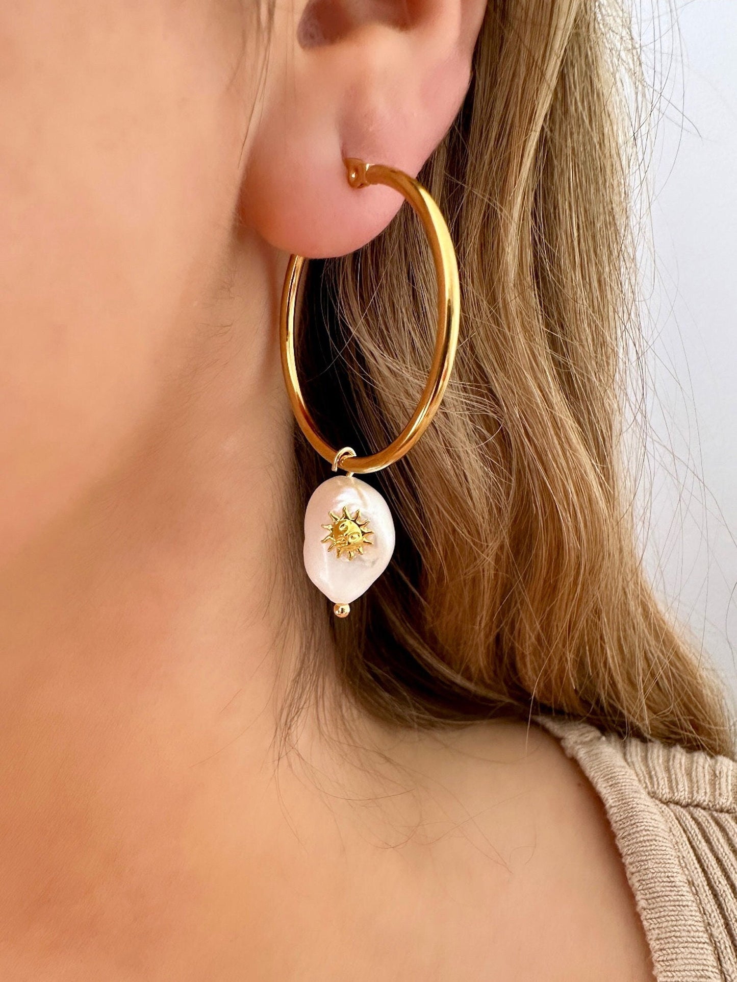 Pearl Dangle Hoop Earrings, Sun Hoop Earrings, Pearl Charm Hoops, Gold Sun Hoop Earrings, Freshwater Pearl Earrings Drop, Gold Plated Hoops