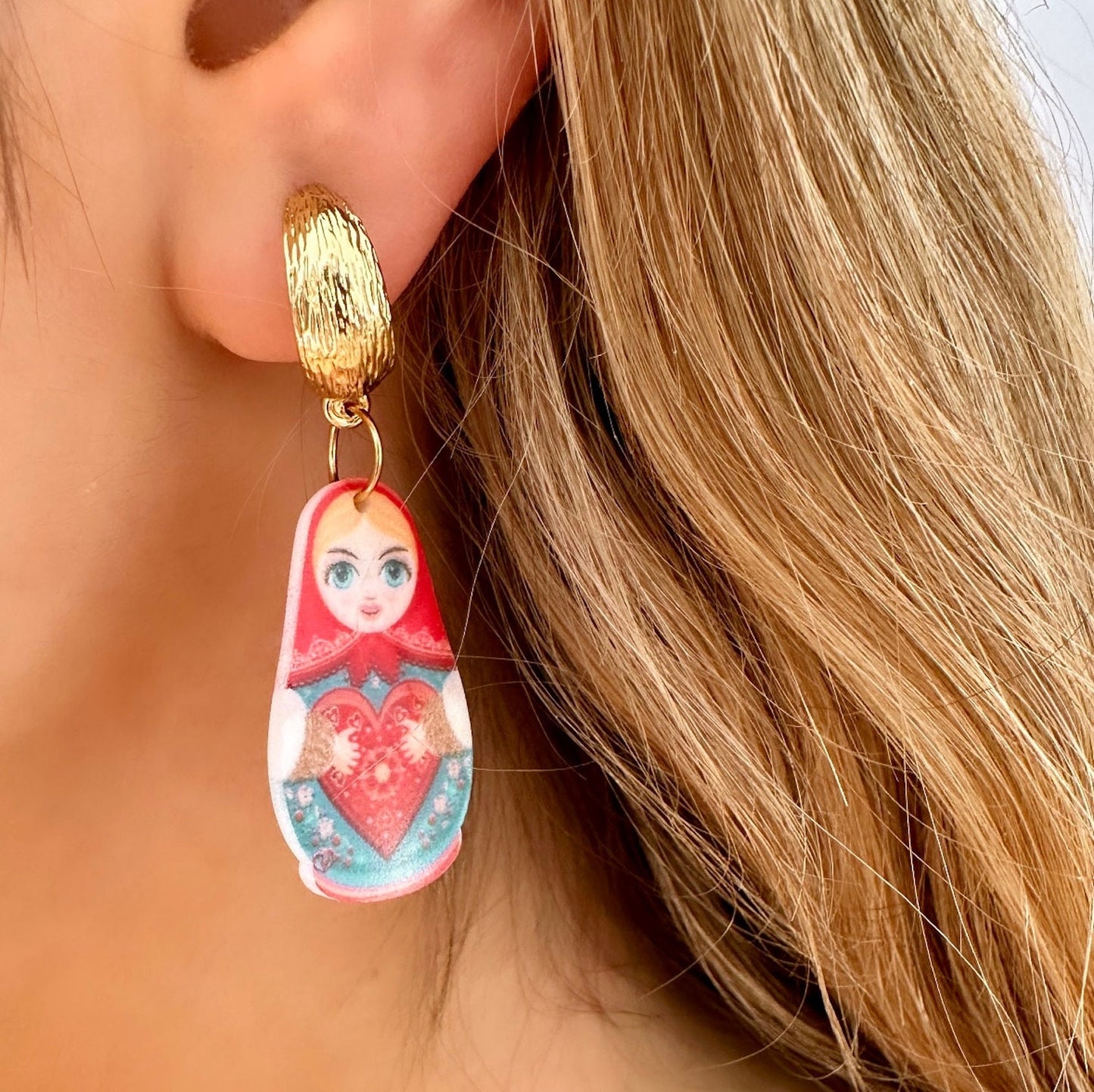 Nesting Doll Earrings, Eastern European Earrings, Matryoshka Earrings, Folk Earrings, Russian Earrings Gold Hoop Earrings Tarnish Free Hoops