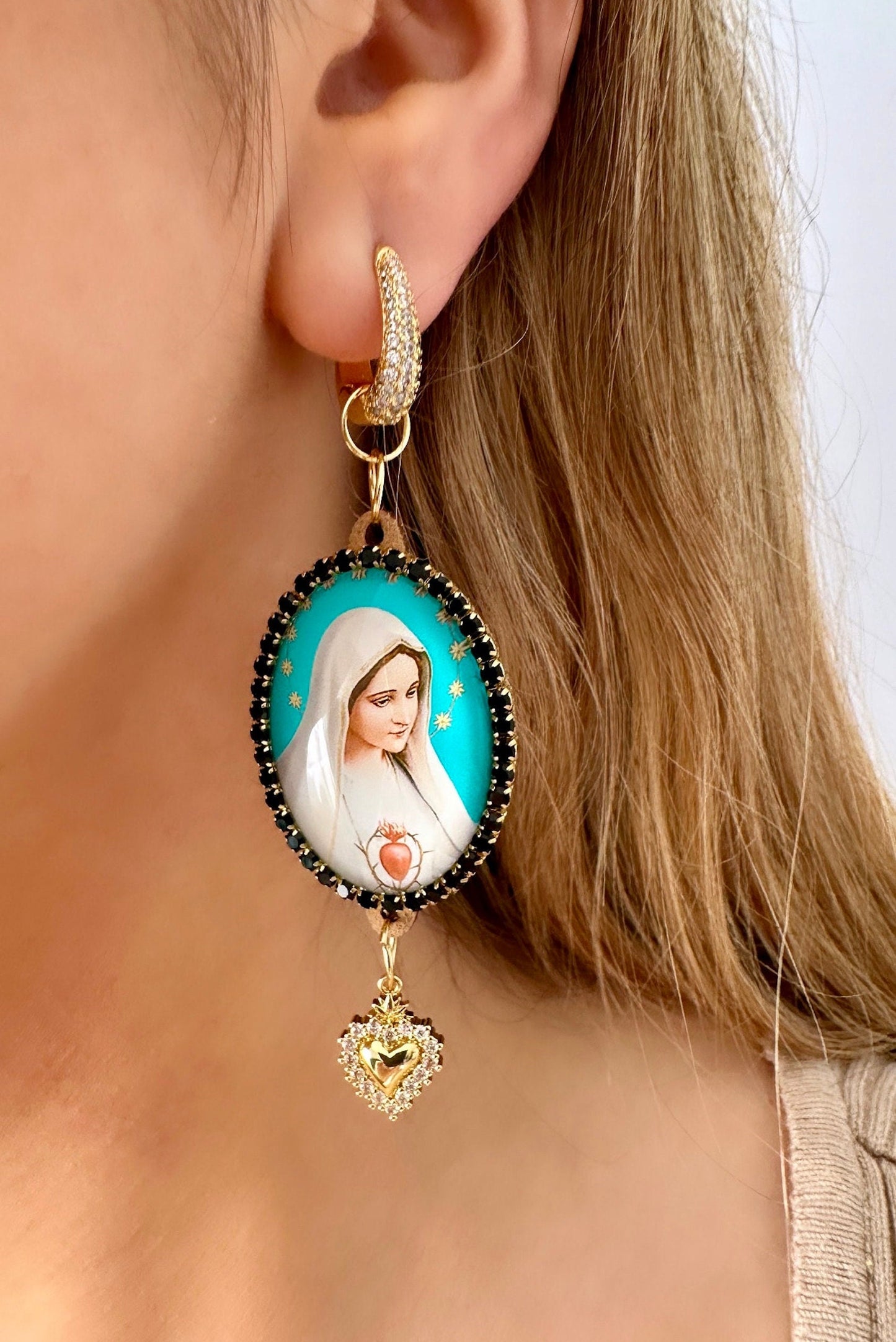 Virgin Mary Earrings, Sacred Heart Of Jesus Earrings, Our Lady Of Guadalupe Earrings, Gold Scared Heart Earring, Gold Filled Dangle Earrings