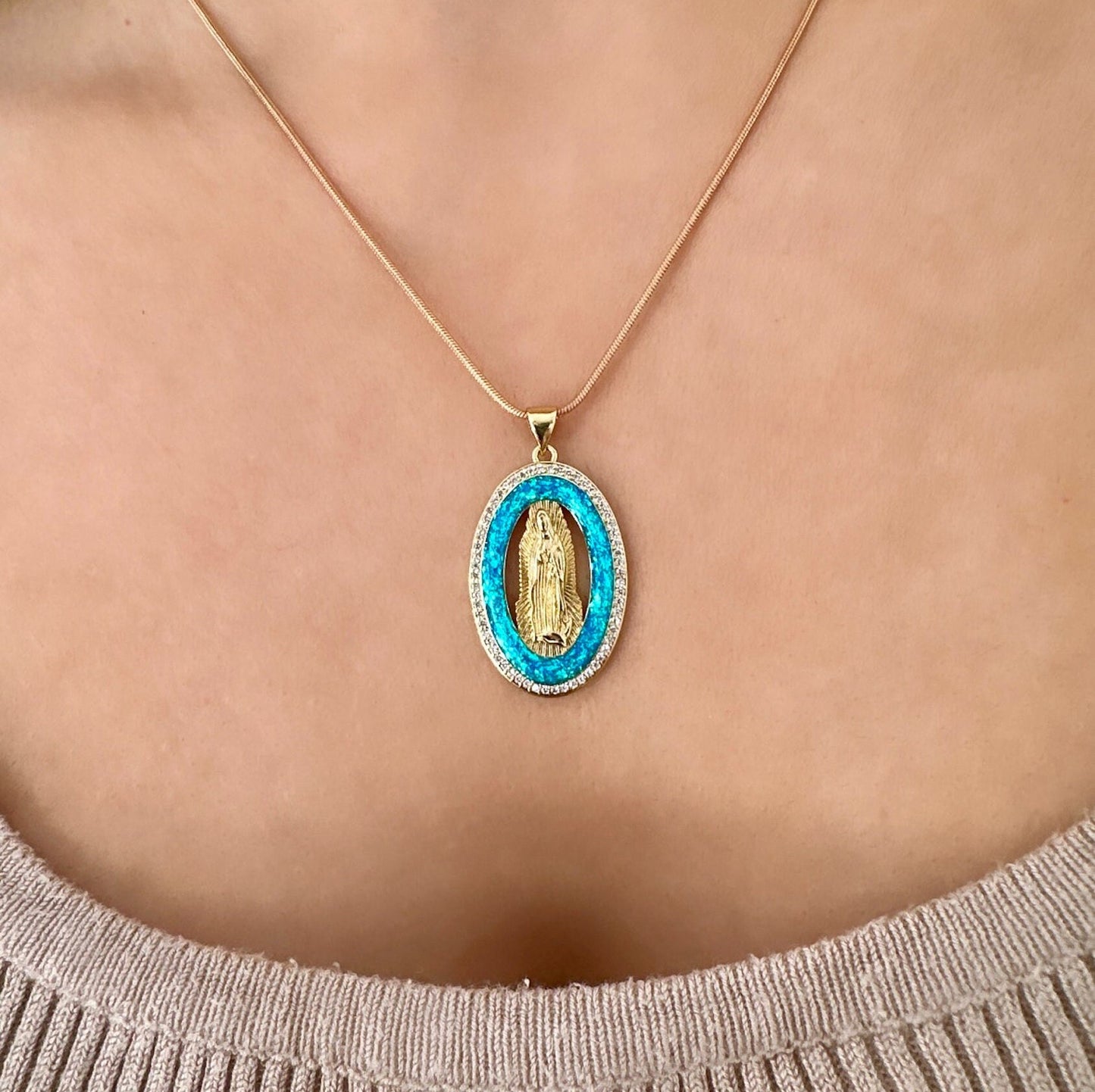 Gold Virgin Mary Necklace, Opal Pendant Gold, Gold Filled Medallion Necklace, Opal Pendant Necklace, 18K Gold Filled Necklace, Easter Gift