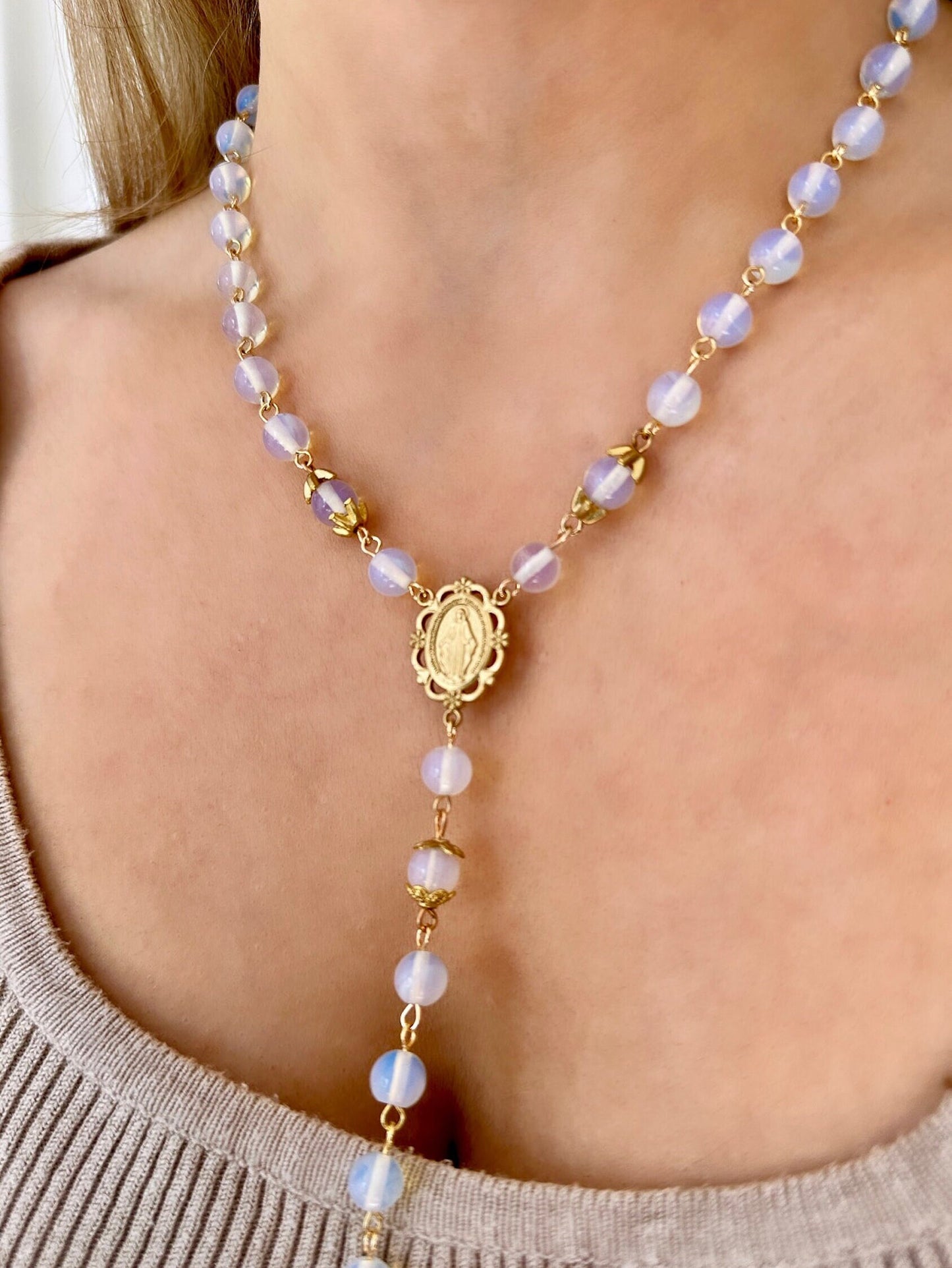 Moonstone Rosary, Moonstone Cross, Opalite Necklace, Moonstone Bead Necklace, Opal Bead Necklace, Cz Cross Necklace, Long Cross Necklace