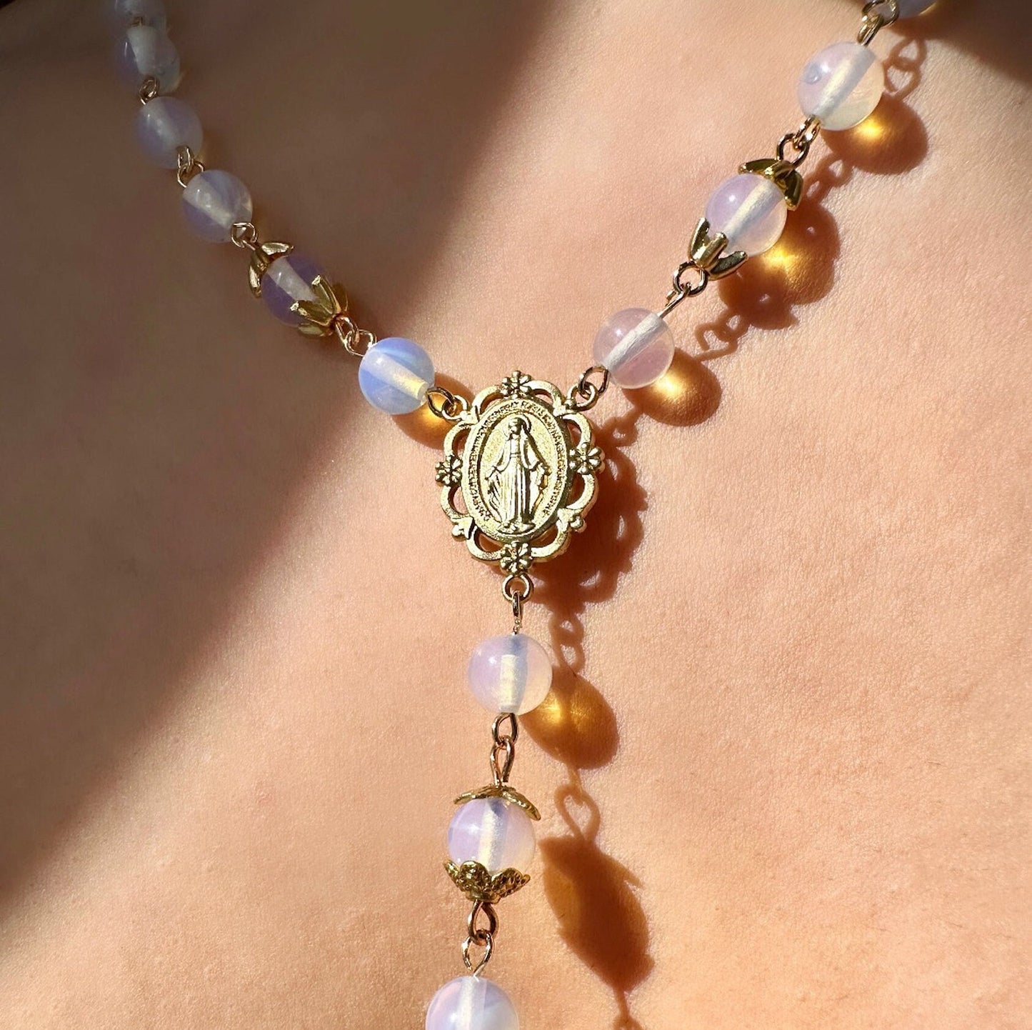 Moonstone Rosary, Moonstone Cross, Opalite Necklace, Moonstone Bead Necklace, Opal Bead Necklace, Cz Cross Necklace, Long Cross Necklace