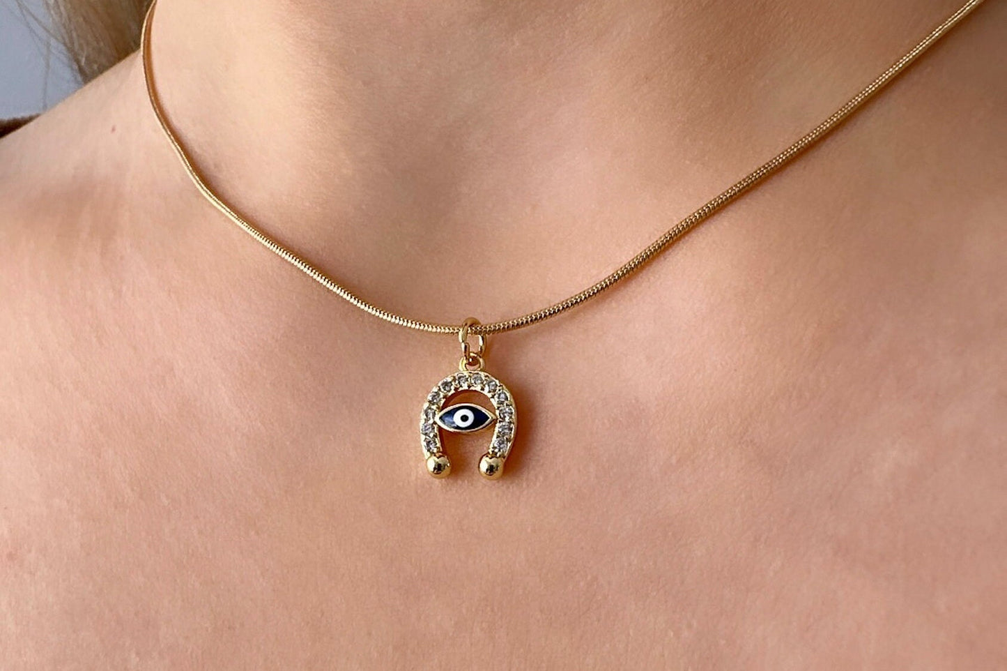 Tiny Horseshoe Necklace, Tiny Evil Eye Necklace, Lucky Charm Necklace, Black Evil Eye Necklace, Non Tarnish Necklace, Small Horseshoe