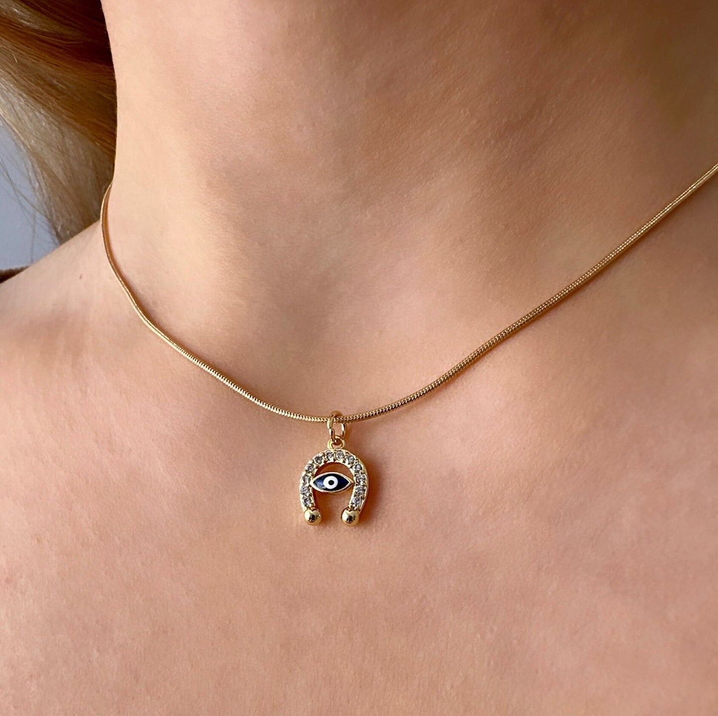 Tiny Evil Eye Necklace, Tiny Horseshoe Necklace, Lucky Charm Necklace, Black Evil Eye Necklace, Non Tarnish Necklace, Small Horseshoe