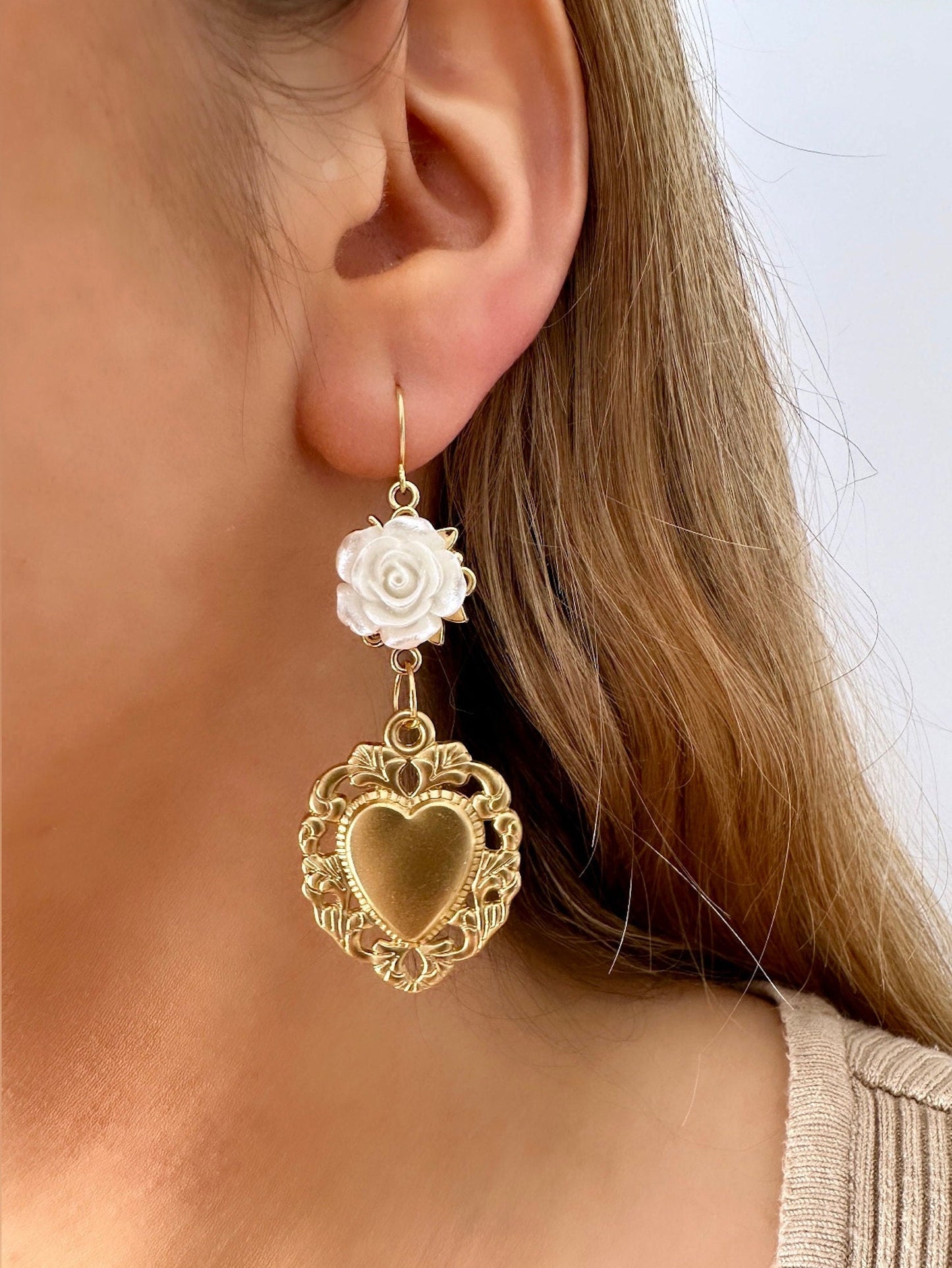 Milagro Earrings, White Rose Earrings, Gold Sacred Heart Earrings, Sacred Heart Dangle Earrings, Sacred Heart Of Jesus Earrings