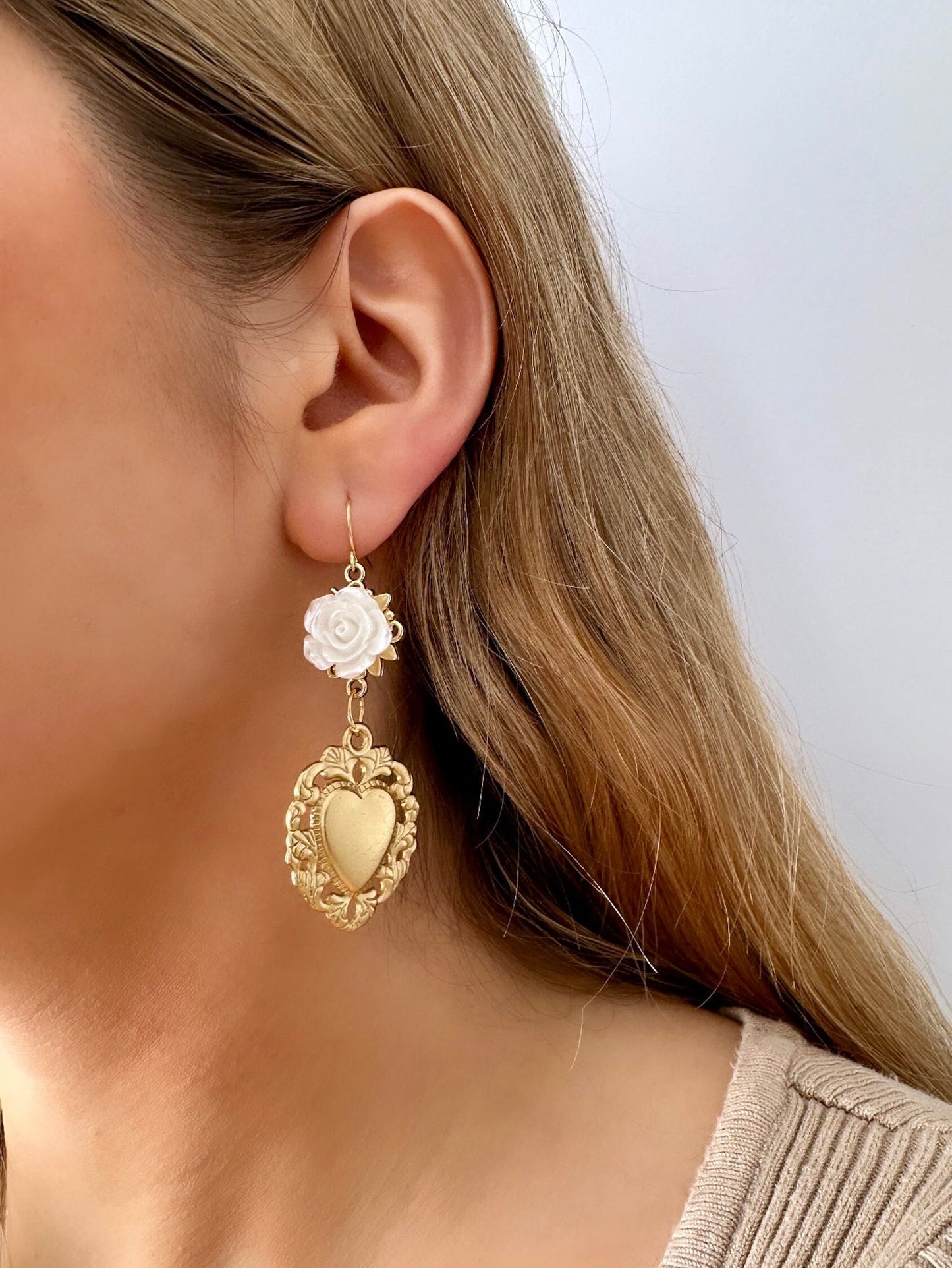 Milagro Earrings, White Rose Earrings, Gold Sacred Heart Earrings, Sacred Heart Dangle Earrings, Sacred Heart Of Jesus Earrings