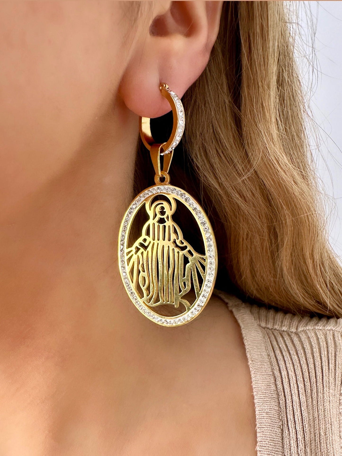 Christmas Hoop Earrings, Virgin Mary Earrings, Our Lady Of Guadalupe Earrings, Interchangeable Hoop Earrings, Statement Gold Hoop Earrings