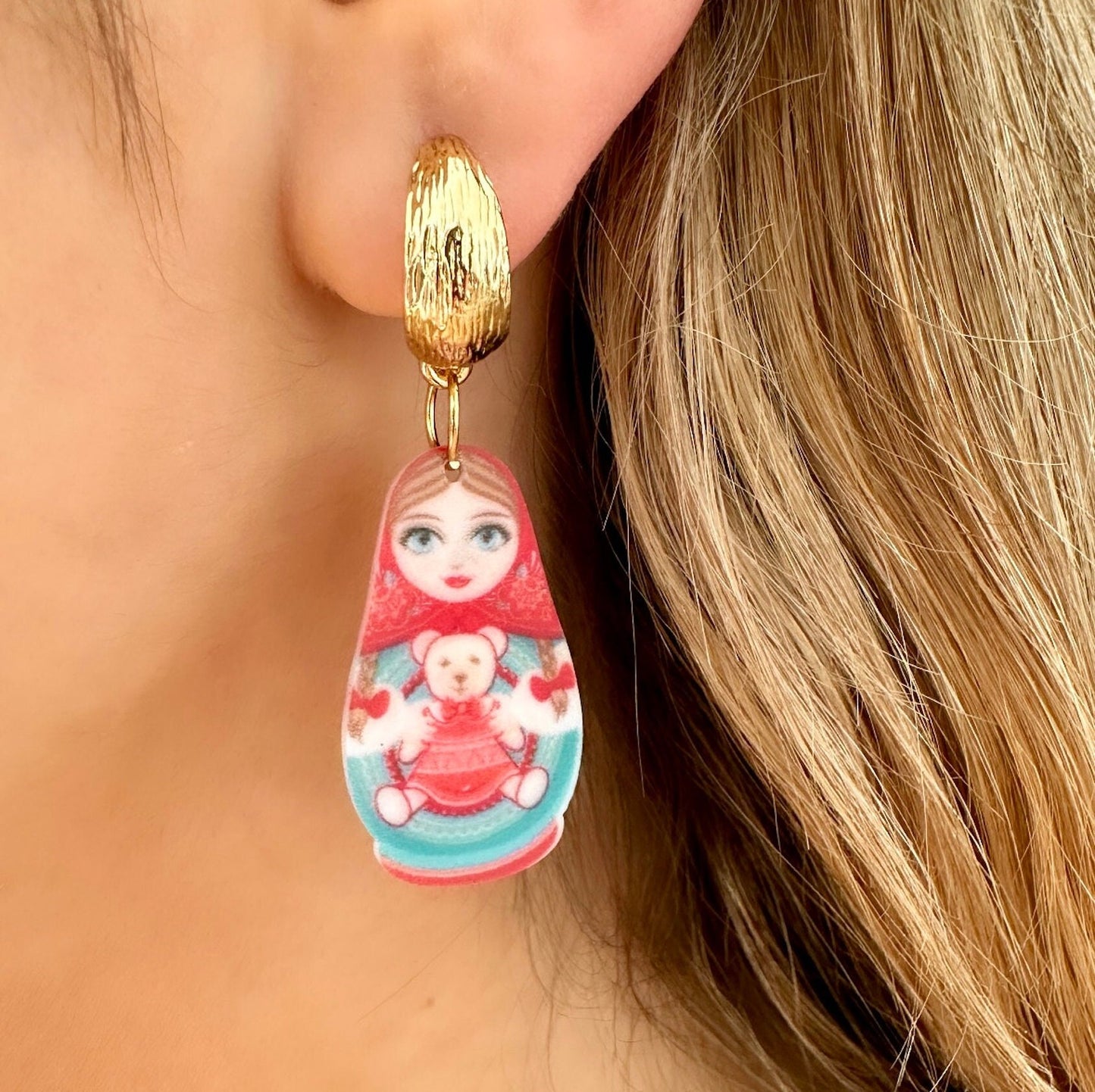 Nesting Doll Earrings, Eastern European Earrings, Matryoshka Earrings, Folk Earrings, Russian Earrings Gold Hoop Earrings Tarnish Free Hoops