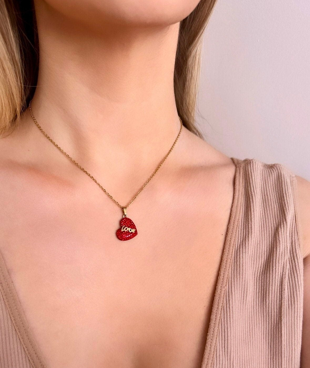 Red Heart Necklace Gold, Love Heart Necklace, Cz Heart Necklace, Stainless Steel Heart Pendant Necklace, Anniversary Necklace, Gift For Her