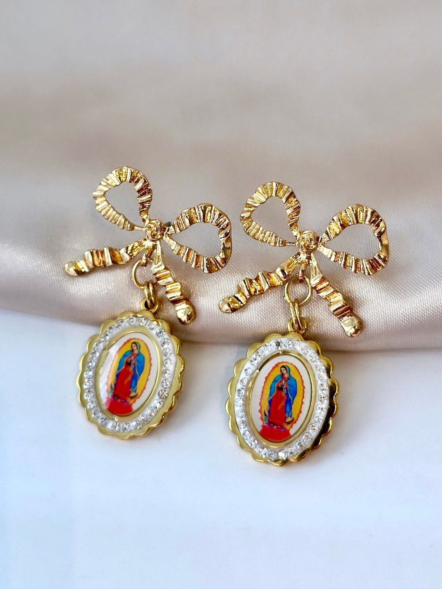 Our Lady Of Guadalupe Earrings, Catholic Gold Earrings, Virgin Mary Earrings, Polymer Clay Bow Earrings, Gold Bow Earrings, Baptism Gift