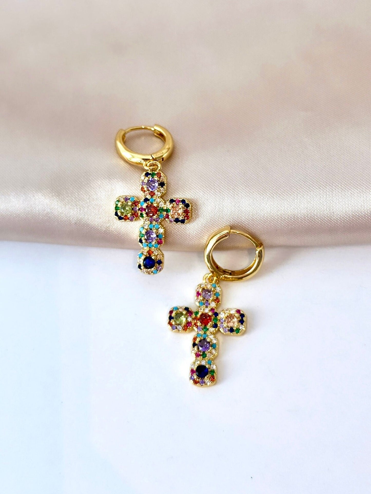 Gold Filled Cross Earrings, Renaissance Earrings, Cross Hoop Earrings, Statement Cross Earring, Medieval Earrings, Baptism Gift Adult